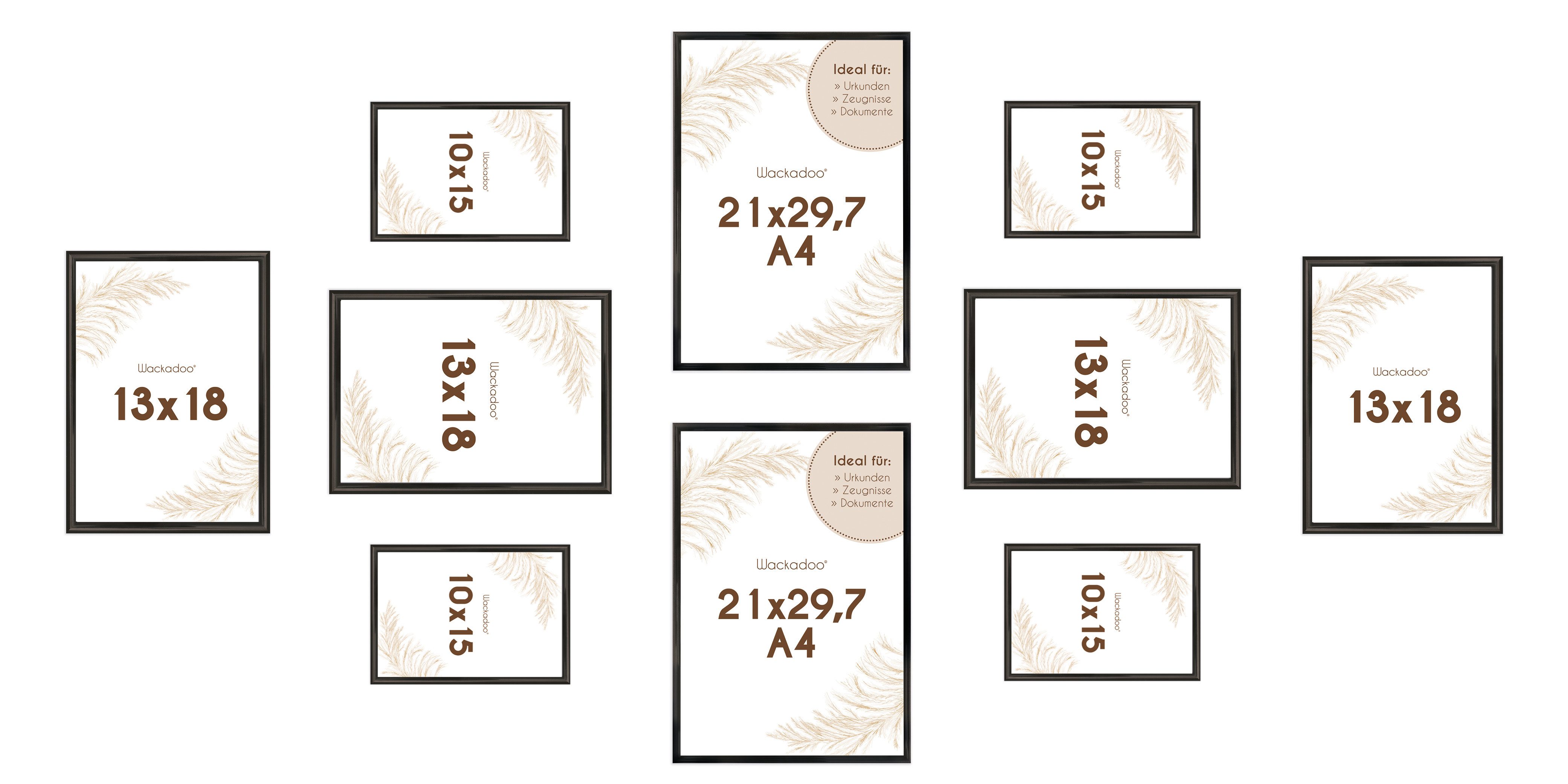 Wackadoo Living Bilderrahmen-Set mit Glasscheibe Posterrahmen Fotorahmen Fotowand, für 10 Bilder (10er-Set), 4x 10x15 cm, 4x 13x18 cm, 2x 21x29,7 cm (DIN A4), Wandcollage in verschiedenen Größen