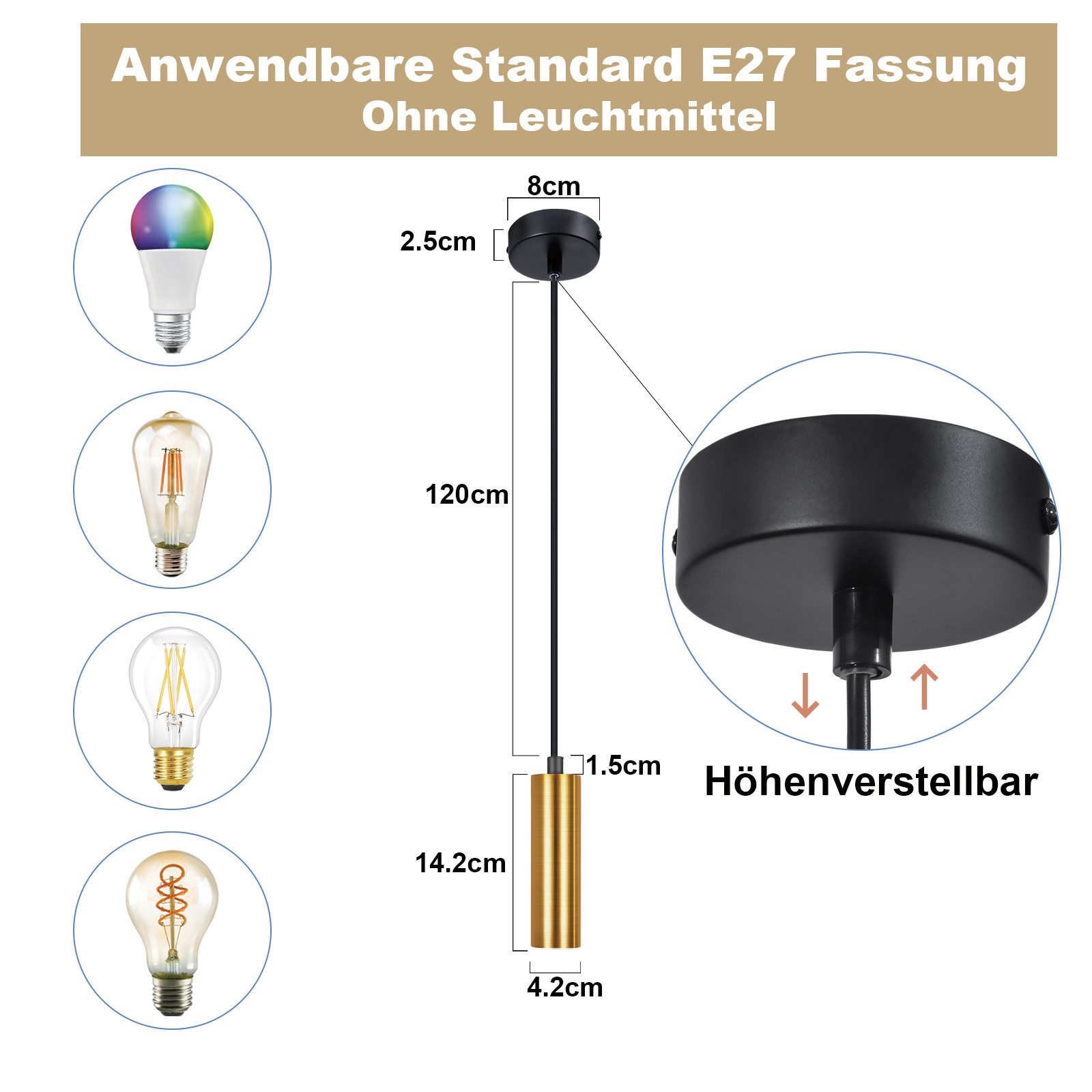 Nettlife Hängeleuchte Gold 1 Flammig Esszimmerlampe E27 Metall Industrial Pendelleuchte, Höhenverstellbar, ohne Leuchtmittel, Bettlampe Nachttisch Hängend Küche – Bild 4 von 5