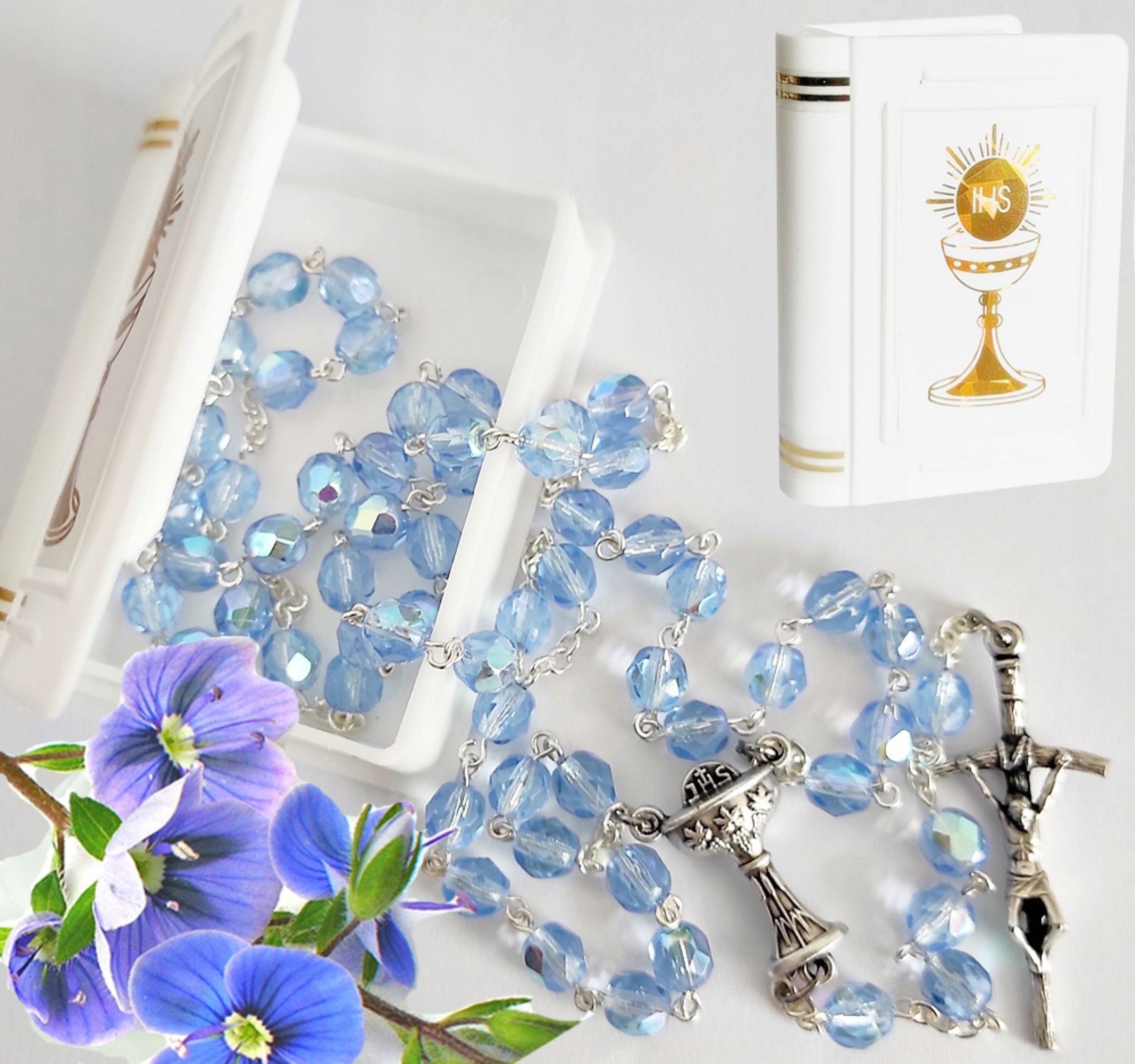 Festivalartikel Schmuckset Rosenkranz Blau Kristall Kommunion Junge mit IHS Kreuz & Etui (1-tlg)
