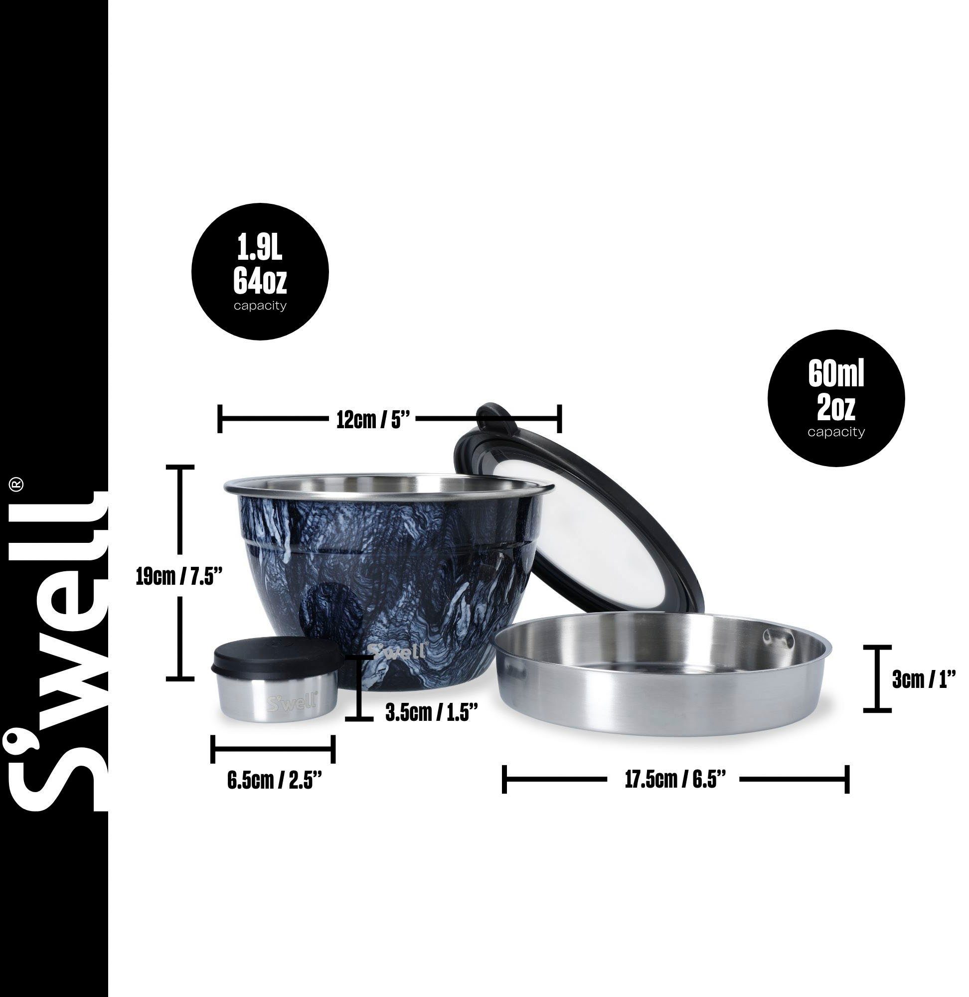 Bowl (3-tlg), vakuumisolierten Edelstahl, S'well Außenschale Azurit-Marmor Therma-S'well®-Technologie, S'well 1.9L, Kit, Salad Salatschüssel Onyx