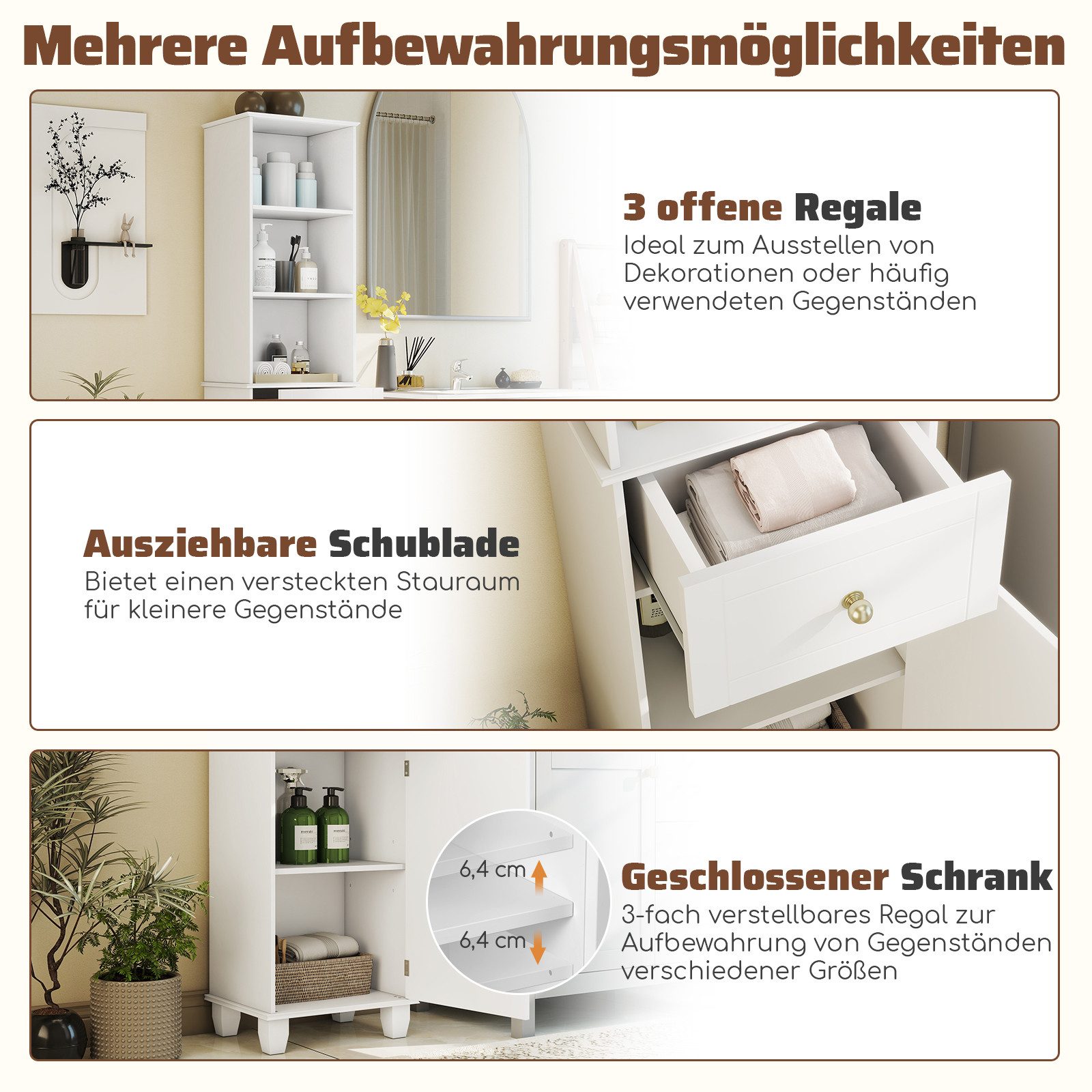 COSTWAY Badkommode, schmal Hochschrank Bad mit Schublade Holz 172cm