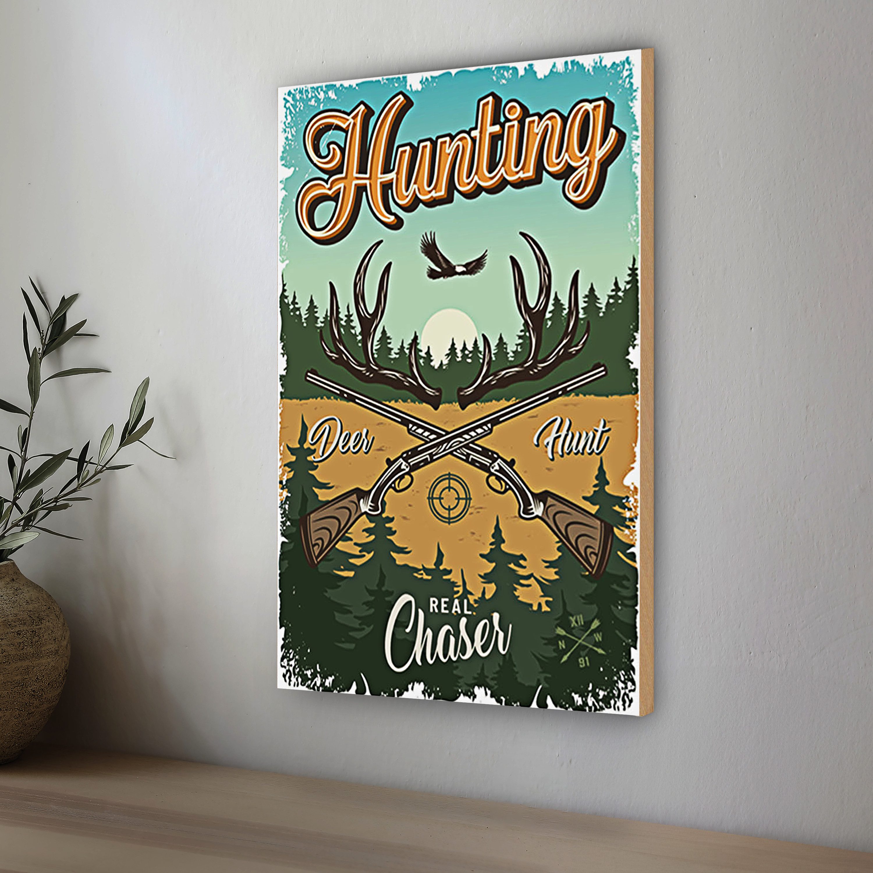 Roomando Holzbild Jagd 30x40cm Hunting deer hunt Abenteuer