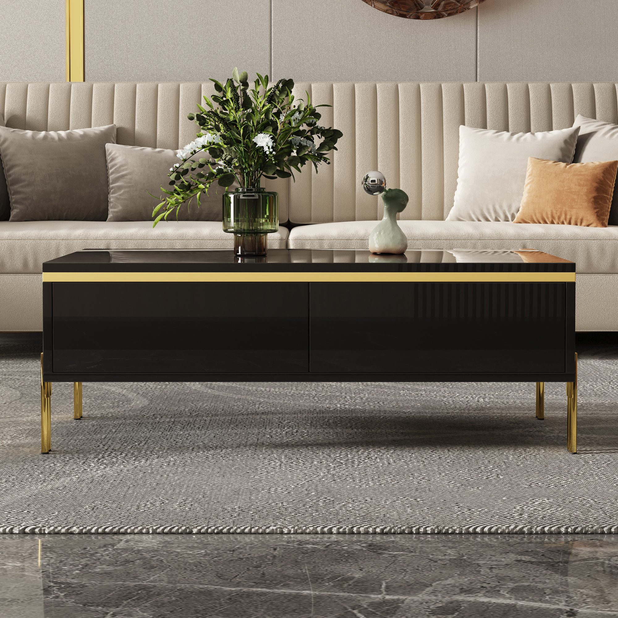 Merax Couchtisch hochglanz Sofatisch Beistelltisch mit goldenen Zierelementen (1-St), Wohnzimmertisch mit Doppelschubladen und Metallbeinen, 100x50x36cm – Bild 4 von 5