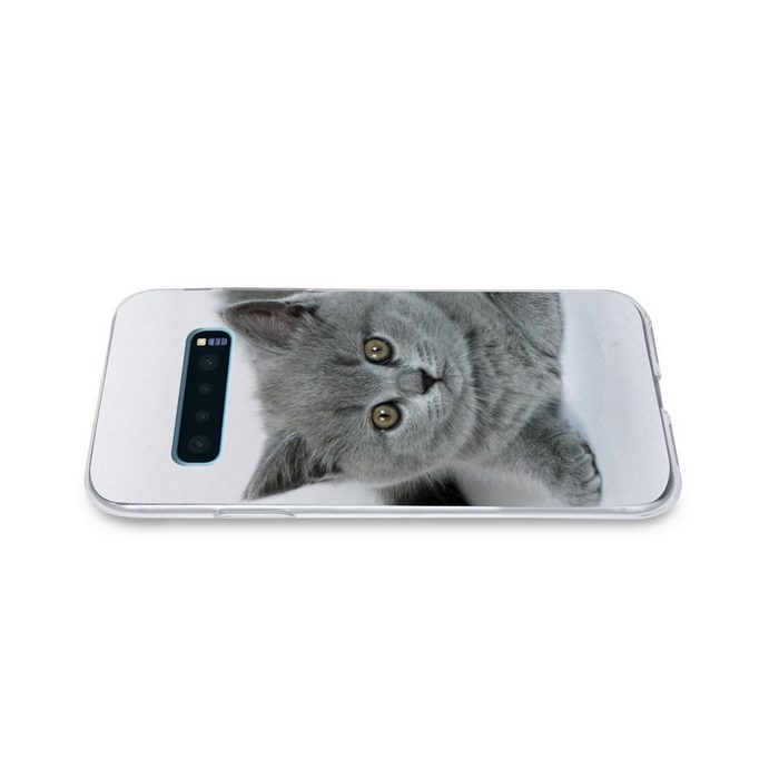 MuchoWow Handyhülle Anzeige eines wunderschönen Britisch-Kurzhaar-Kätzchens Phone Case Handyhülle Samsung Galaxy S10+ Silikon Schutzhülle FN11522