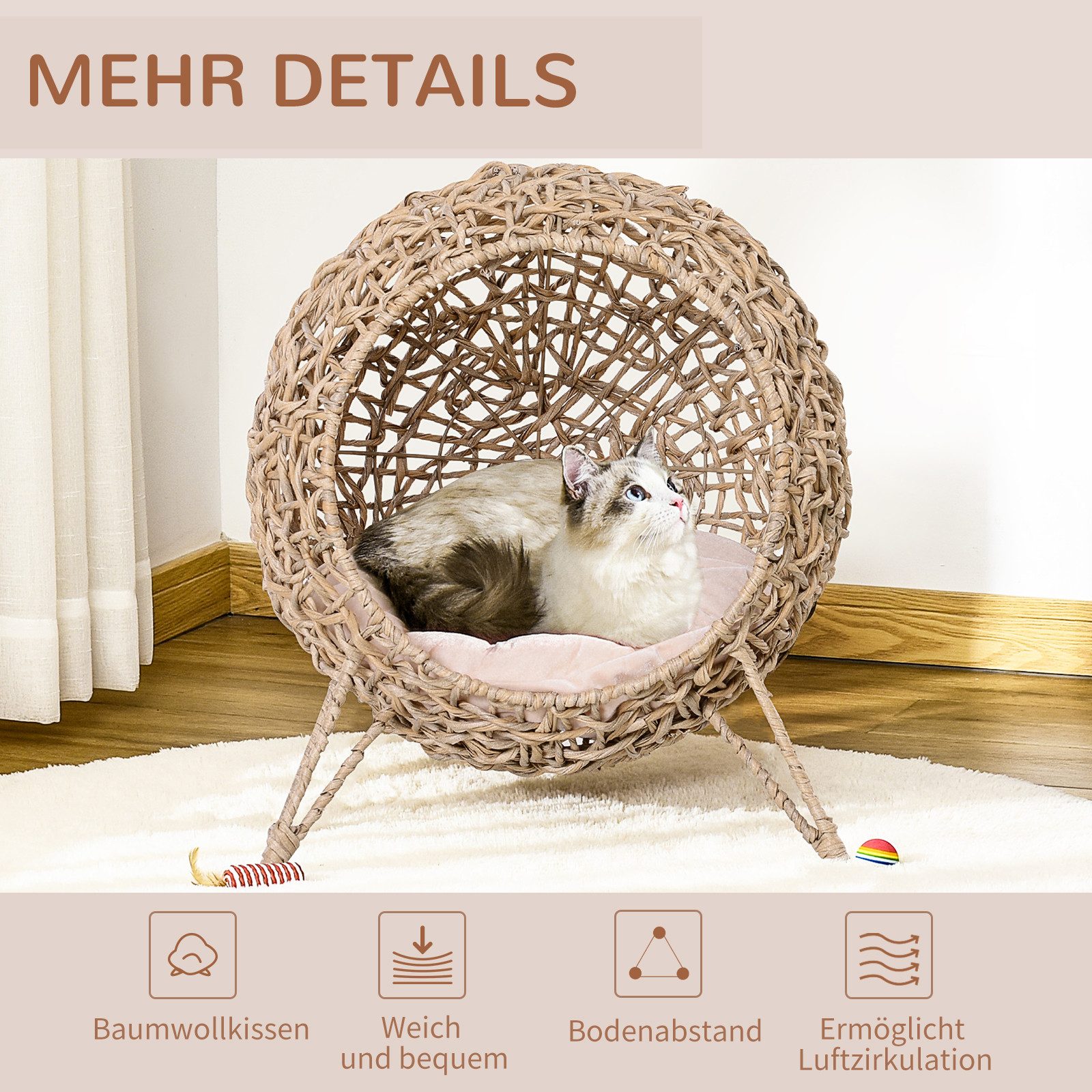 marmortrend Sehnsucht nach Einzigartigkeit Tierhaus Katzenhaus aus Rattan mit Kissen Katzenschlafplatz, 52 x 58 CM Katzenhöhle mit Erhöhten Füßen