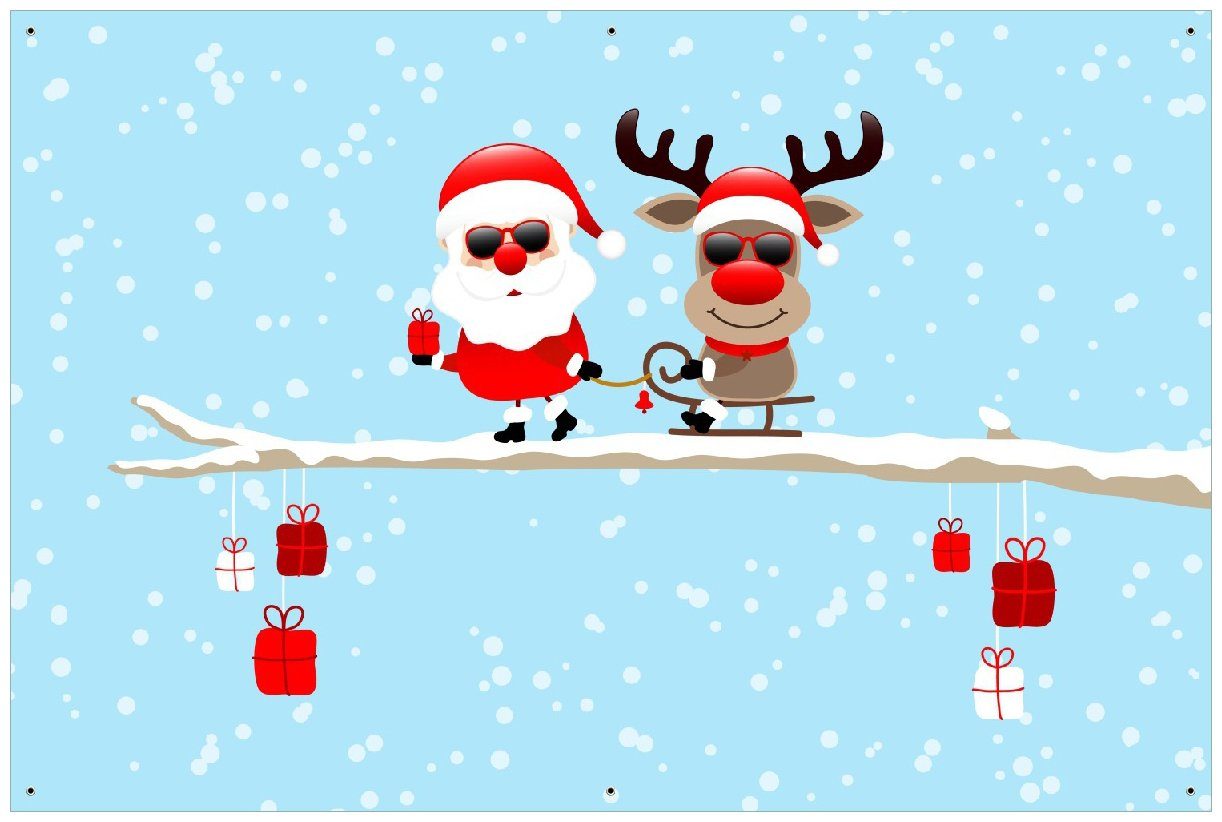 Wallario Sichtschutzzaunmatten Cooler Weihnachtsmann mit Rentier auf einem  Ast