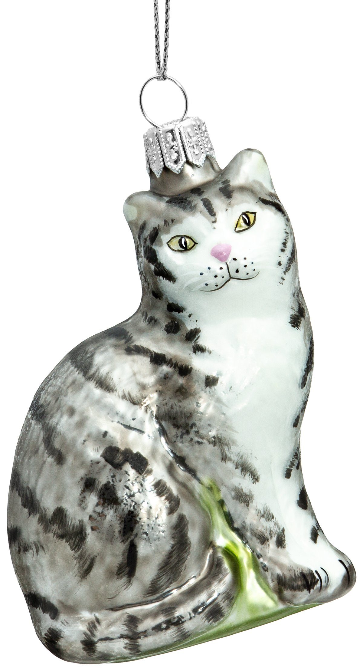 SIKORA Christbaumschmuck BS705 Katze Glas Figur Weihnachtsbaum Anhänger - Premium Line grau getiegert