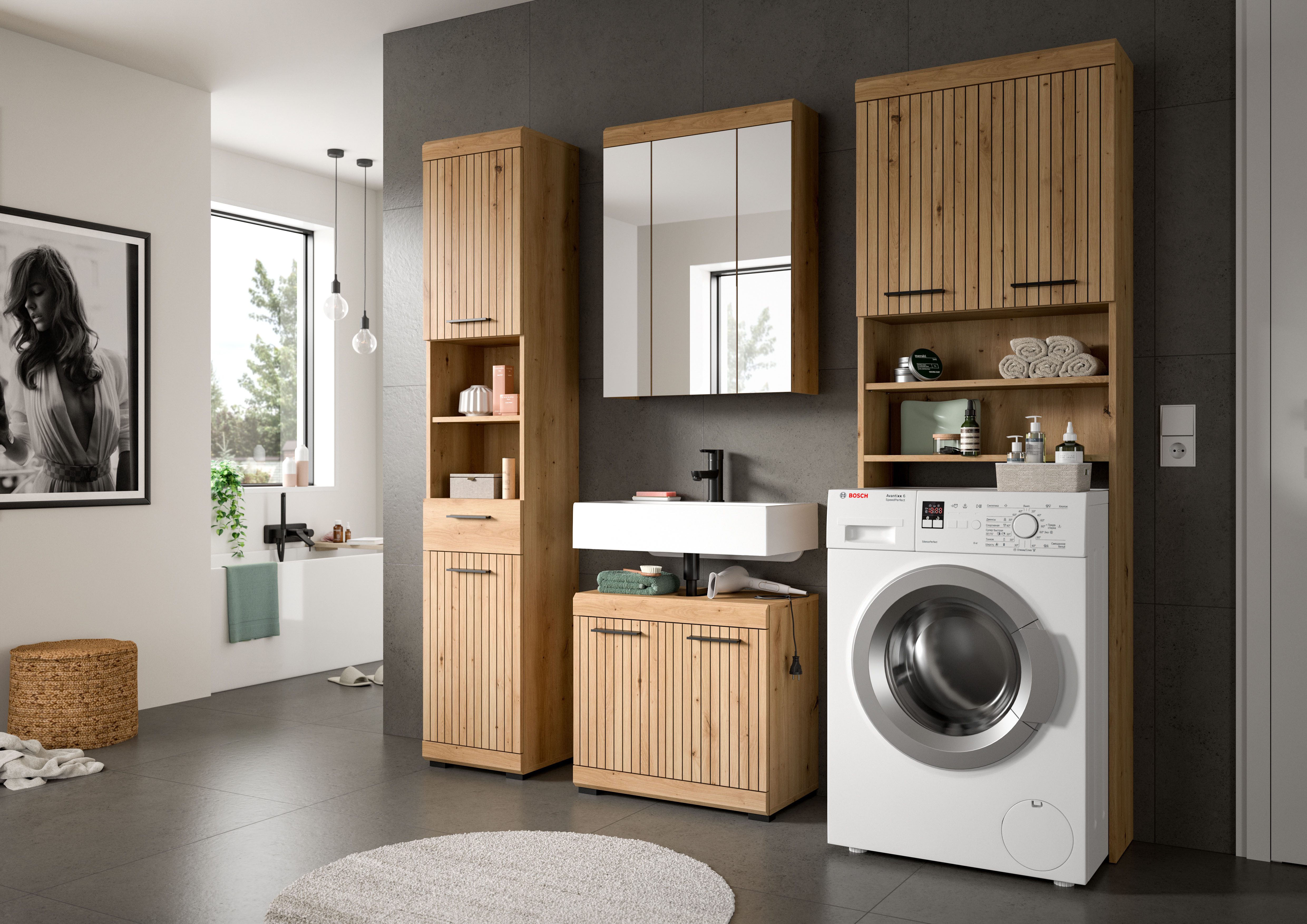 welltime Badmöbel-Set SIENA, 4 teilig, bestehend aus:, (Set, 4-St., TOPSELLER), Hochschrank, WBU, Spiegelschrank, Waschmaschinenumbauschrank