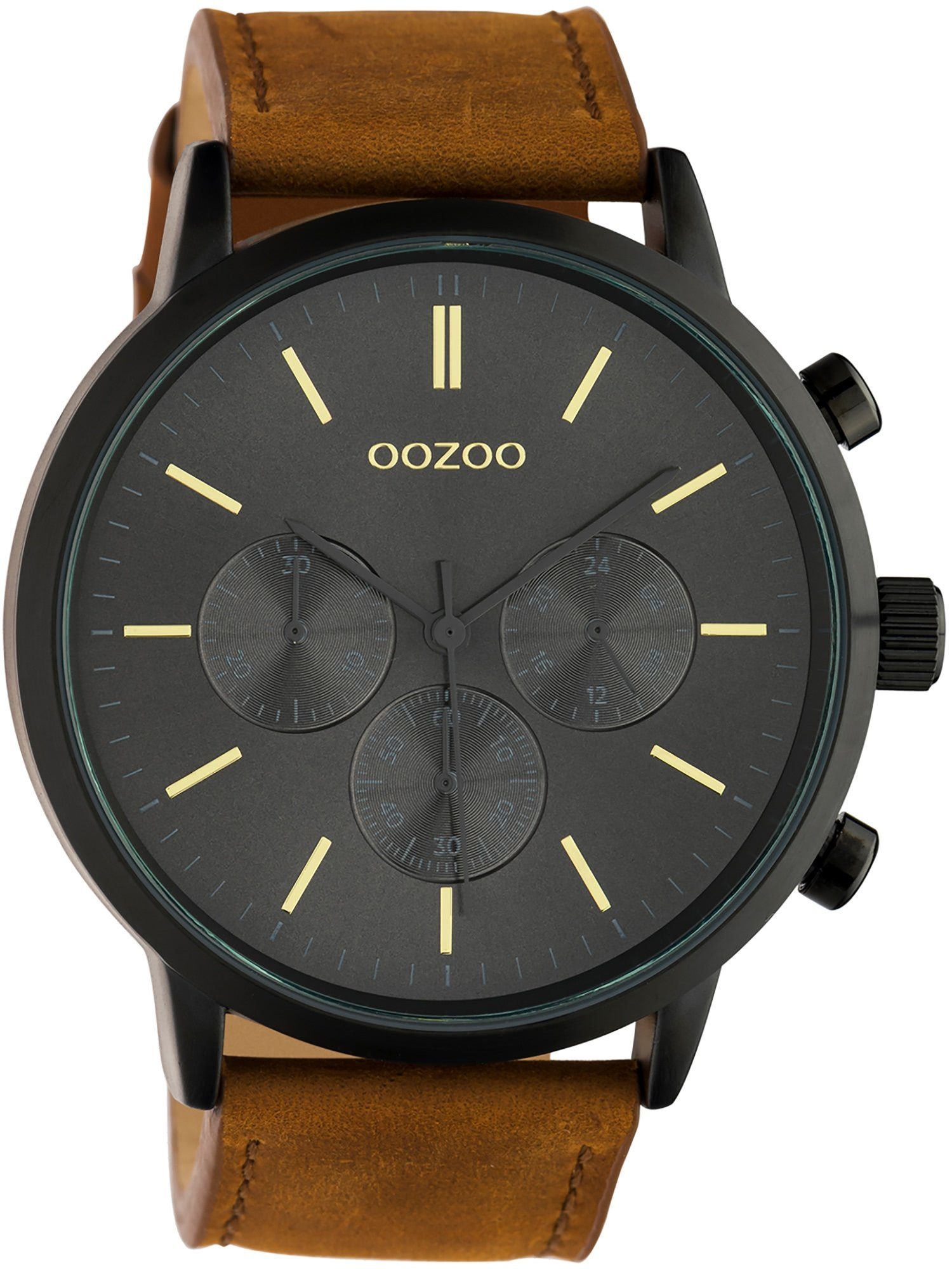 OOZOO Quarzuhr rund, Zeiger braun 48mm) Fashion-Style, Oozoo (ca. Herren Armbanduhr extra und groß graue Lederarmband, Herrenuhr Analog, Indizes goldene
