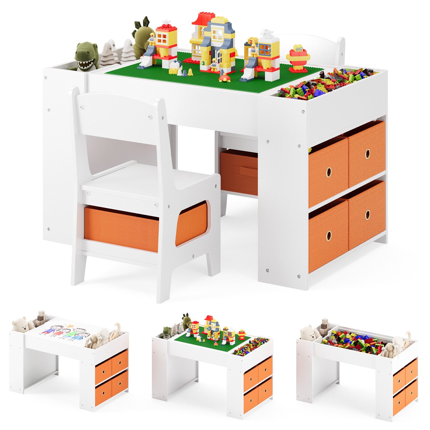 Bealife Kindersitzgruppe Kindertisch mit 2 Stühlen, 3-in-1 Aktivitätstischplatte für Bausteine, (3-tlg., Kindertisch mit 2 Stühlen)