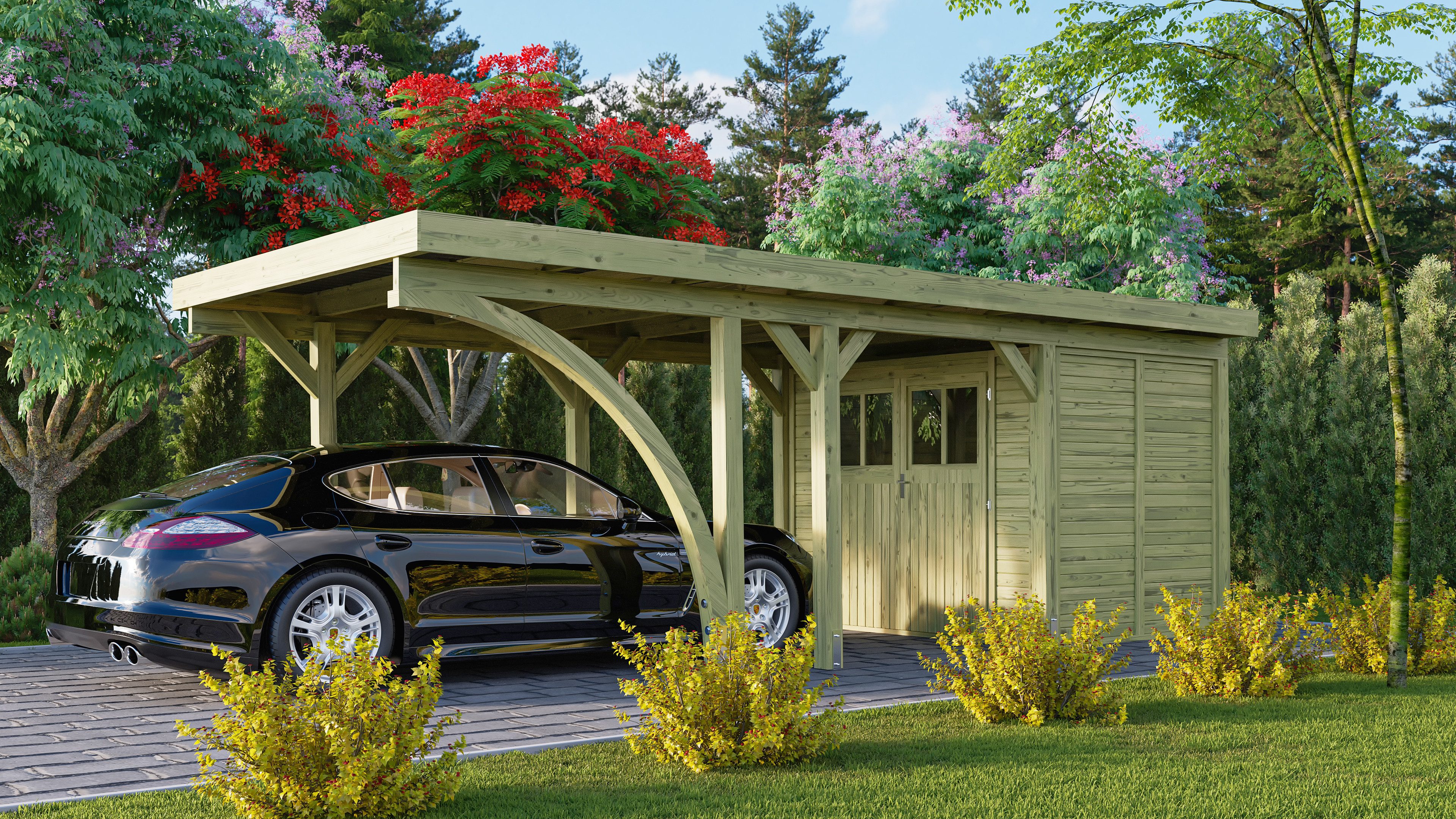 Karibu Einzelcarport »Classic 2 SET« PVC-Dach Variante B, mit einem Einfahrtsbogen, BxT: 273x777,5 cm, 206 cm Einfahrtshöhe, (Set), aus Masivholz
