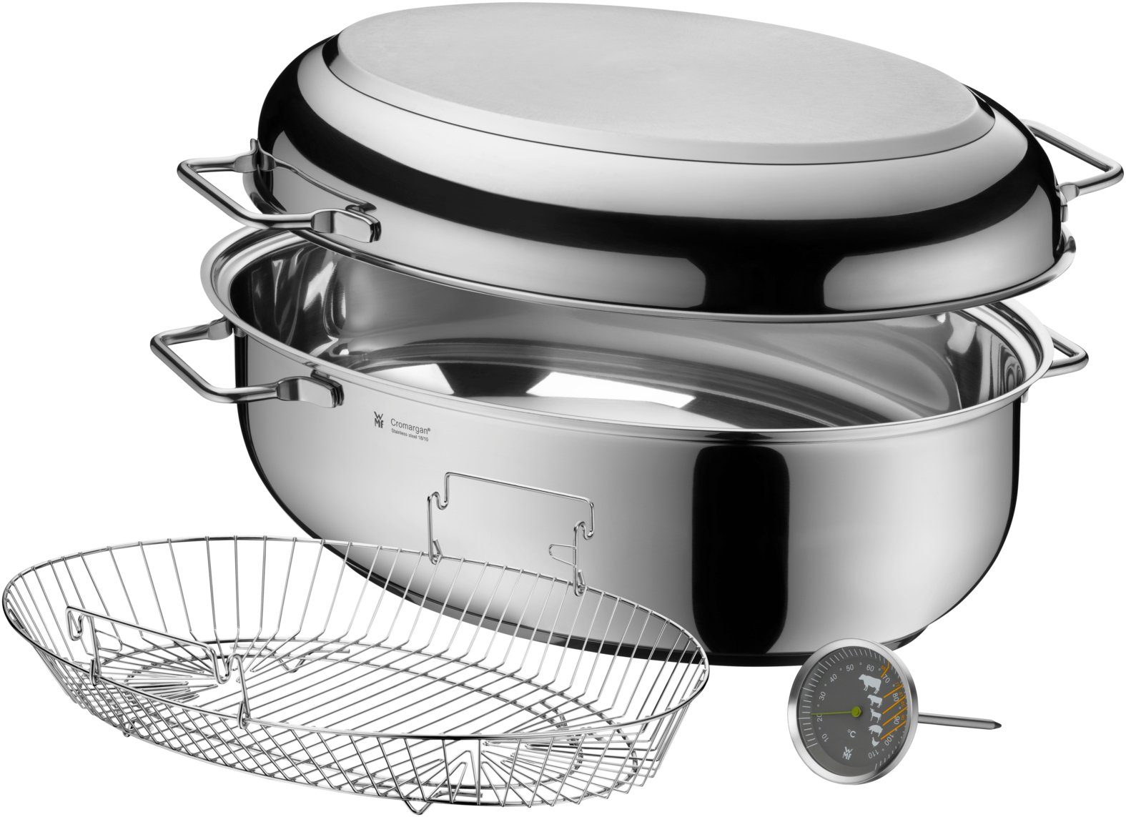 WMF Каструлі жаровні, Cromargan Edelstahl rostfrei 18/10 (1-tlg., Каструлі жаровні oval, Induktionsdeckel, Каструлі жаровні-Einsatz, Bratenthermomter), multifuktionaler Deckel, backofengeeignet, tropffreies Ausgießen