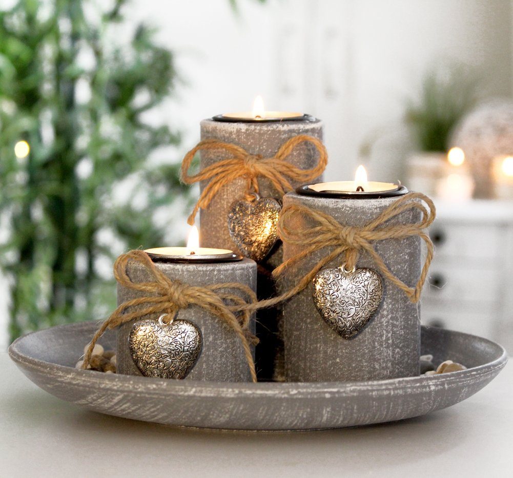 LB H&F Lilienburg Teelichthalter Teelichthalter Kerzenhalter Kerzenständer Windlicht SET Geschenkset (Advent Weihnachten Weihnachtsdeko GRAU RUND, Design Tischdeko Tischdekoration silber Herz Winter Herbst), Dekoteller Dekotablett Kerzentablett Landhaus Vintage modern edel