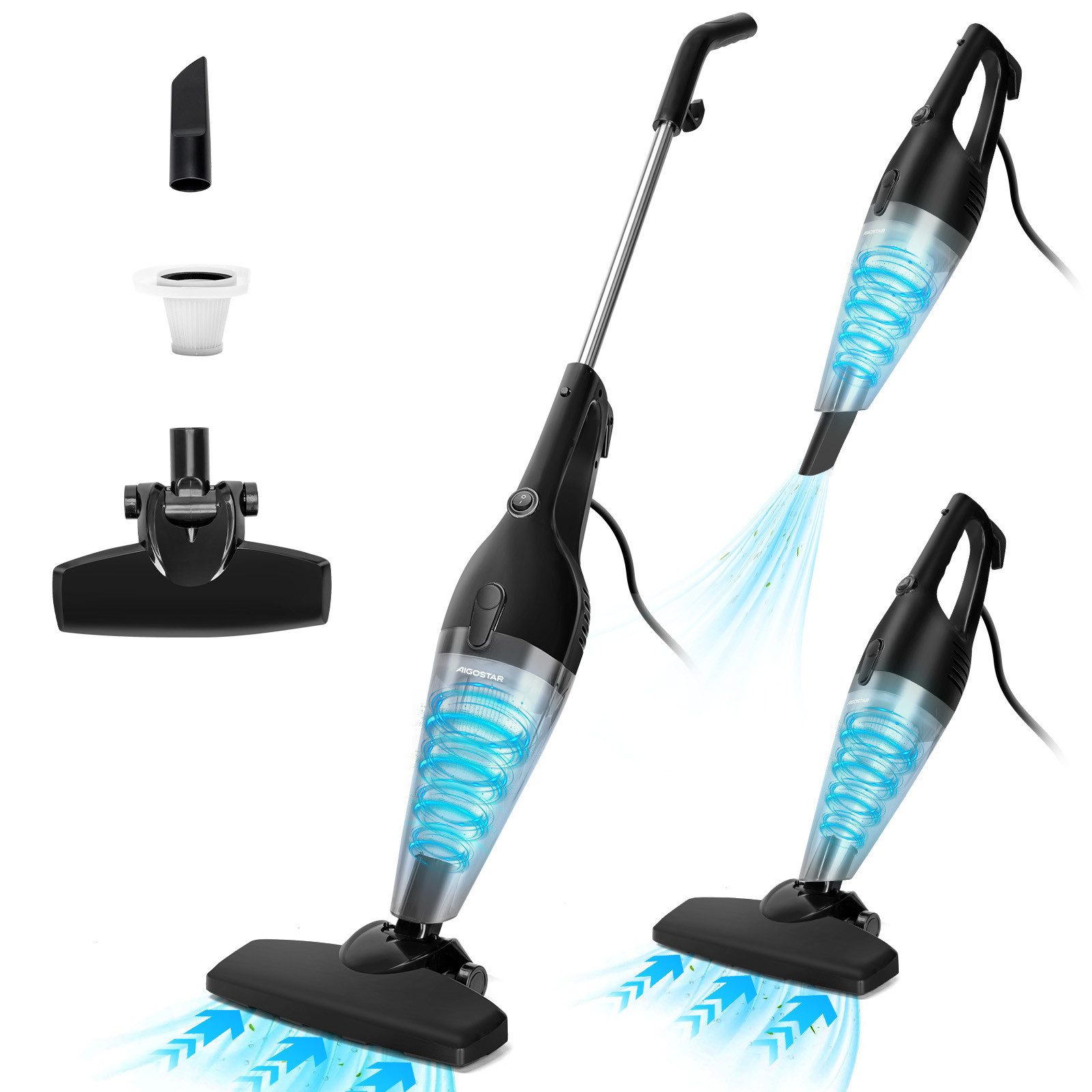 Aigostar Hand-und Stielstaubsauger Staubsauger mit Kabel 4 in 1, 15KPA, 1,2L Leicht und Ideal für Zuhause, 600,00 W, beutellos, HEPA-Filter-System, Leicht und bequem