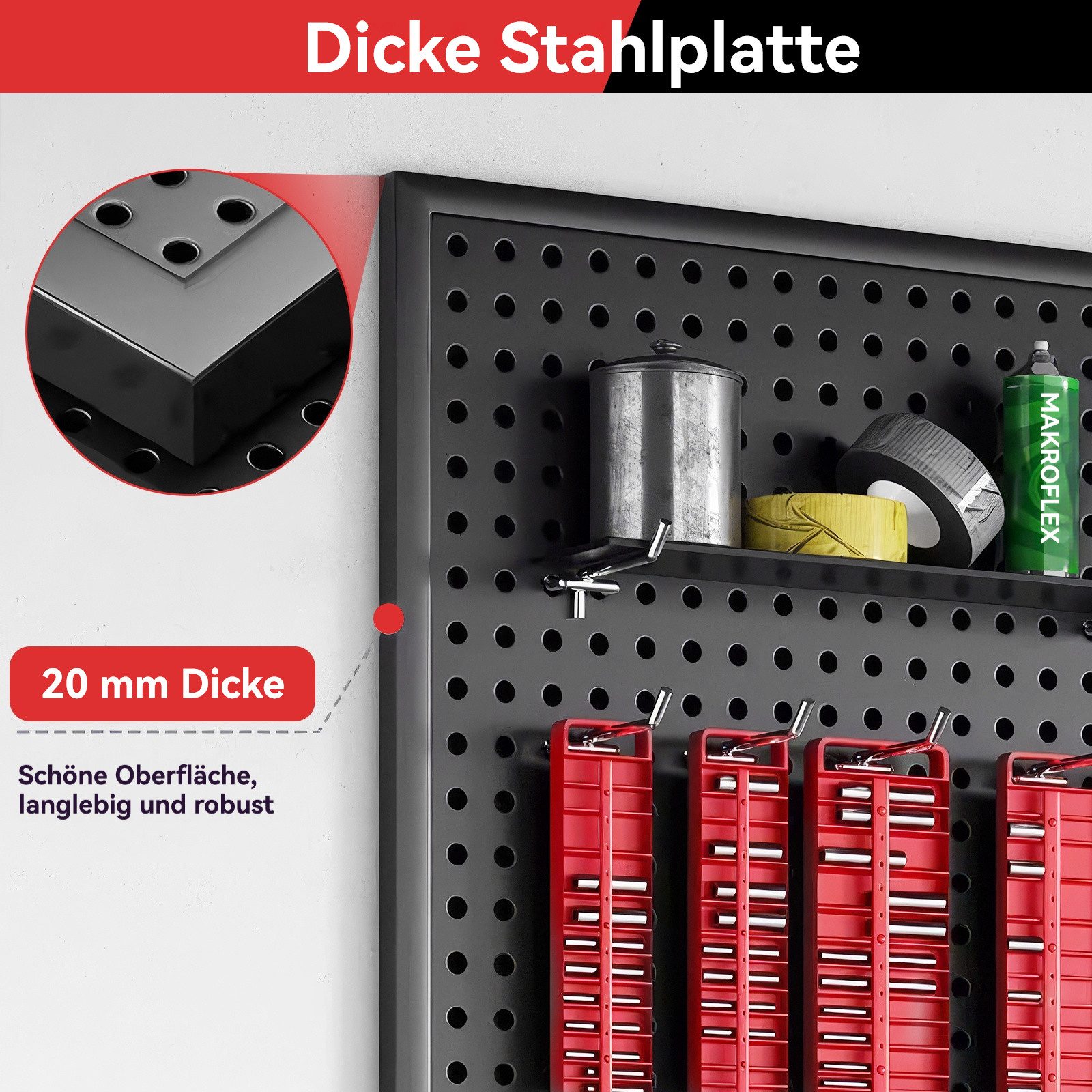 BlingBin Lochwand Stecktafel-Wandpaneele aus Metall,Stecktafelplatten, 1 Stk., mit 10 Haken, (1 Stk, 1-tlg., 120x40/60cm,Schwarz,Lochplatten Set Mit 100kg Tragf – Bild 2 von 5