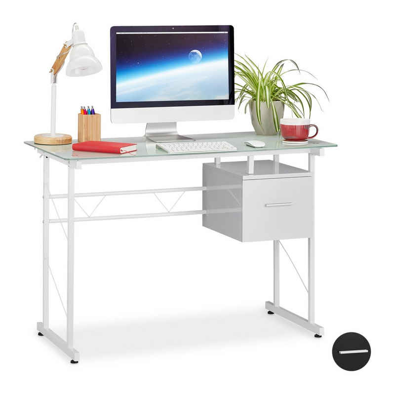 relaxdays Schreibtisch Schreibtisch Glas mit Schublade, Weiß