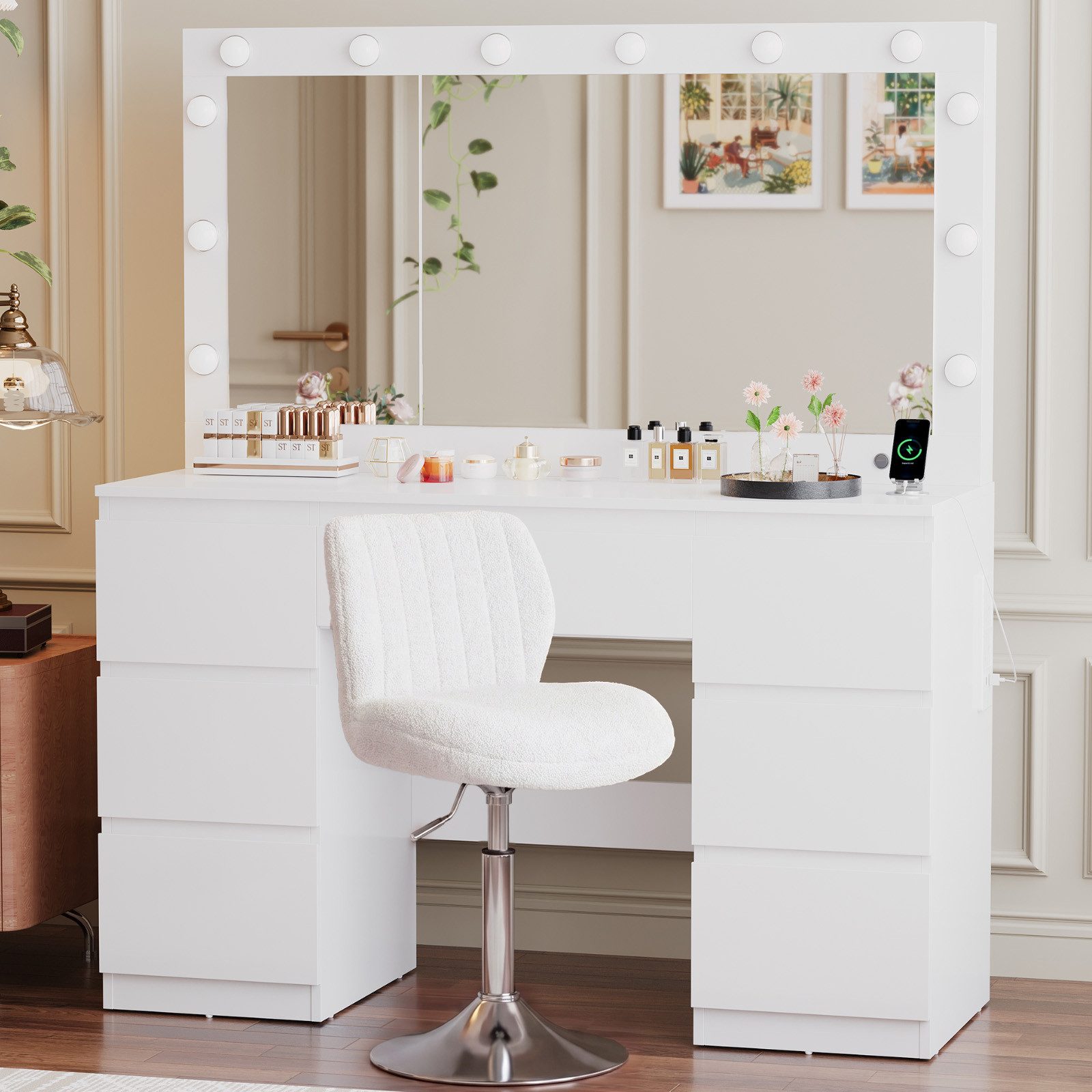 HOMALL Schminktisch mit großem Spiegel, 120 cm, 7 Schubladen, Schmuckschrank (XXL-Spiegel 106×51 cm (30×51 aufklappbar m. Schmuckschrank) · 120 cm · 7 Schublade – Bild 3 von 5
