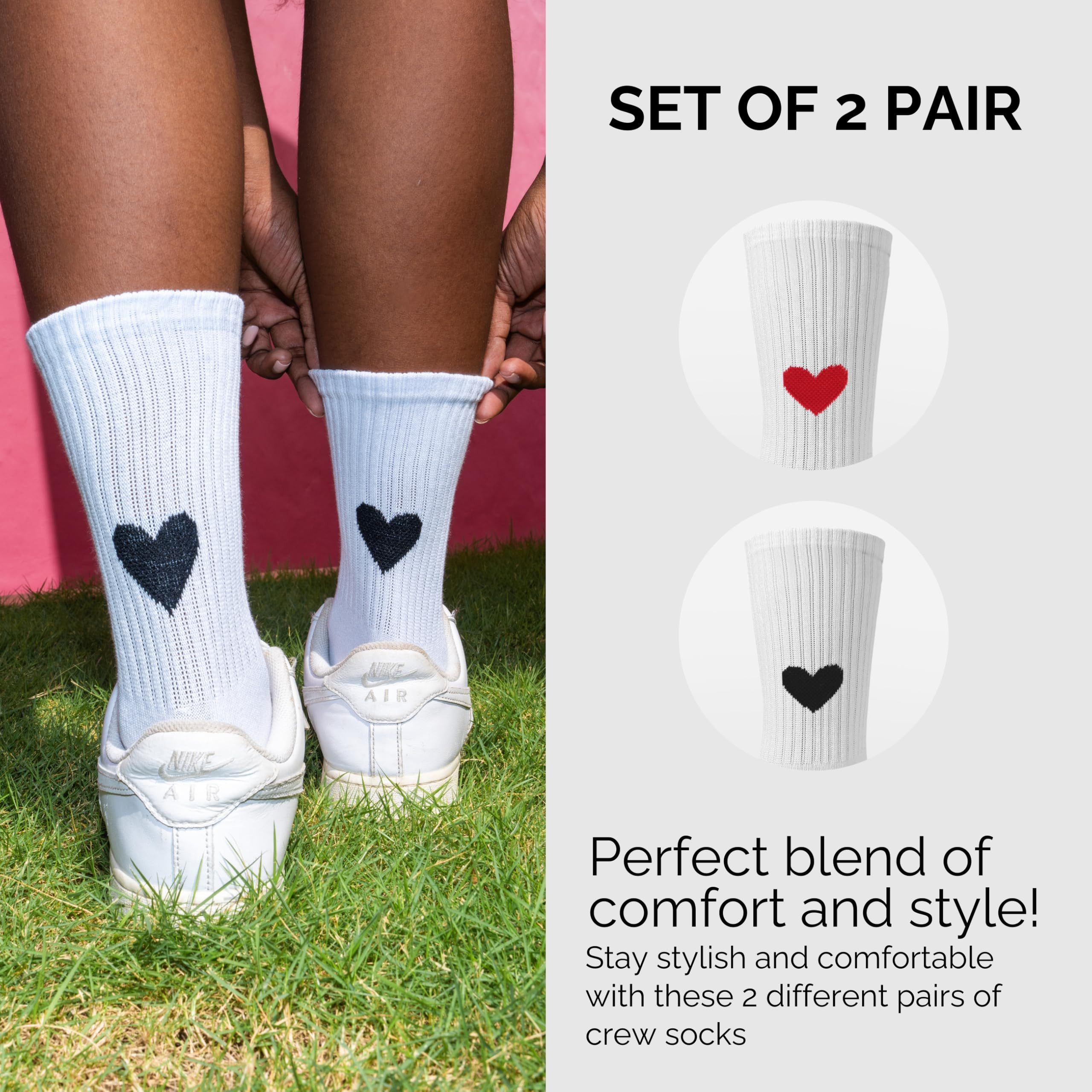 Made by Nami Socken Weiße Crew Socks 2-er Set aus Baumwolle Damen 35-40 (Set, 2 Paar) Weiße Retro Tennis Socken mit Herzen, atmungsaktiv – Bild 2 von 5