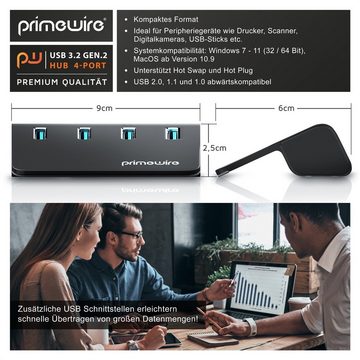 Primewire USB-Adapter, USB 3.2 Gen2 Hub, 4 Port Aktiver Verteiler mit Netzteil, 10 Gbit/s