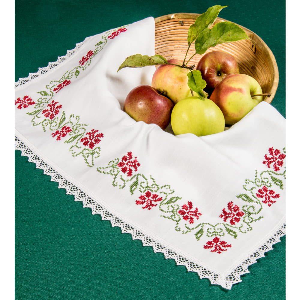 Hofer Kreativset Serweta dekoracyjna z koronką i kanwą Aida do haftowania (50x50 cm), (embroidery kit by Marussia)