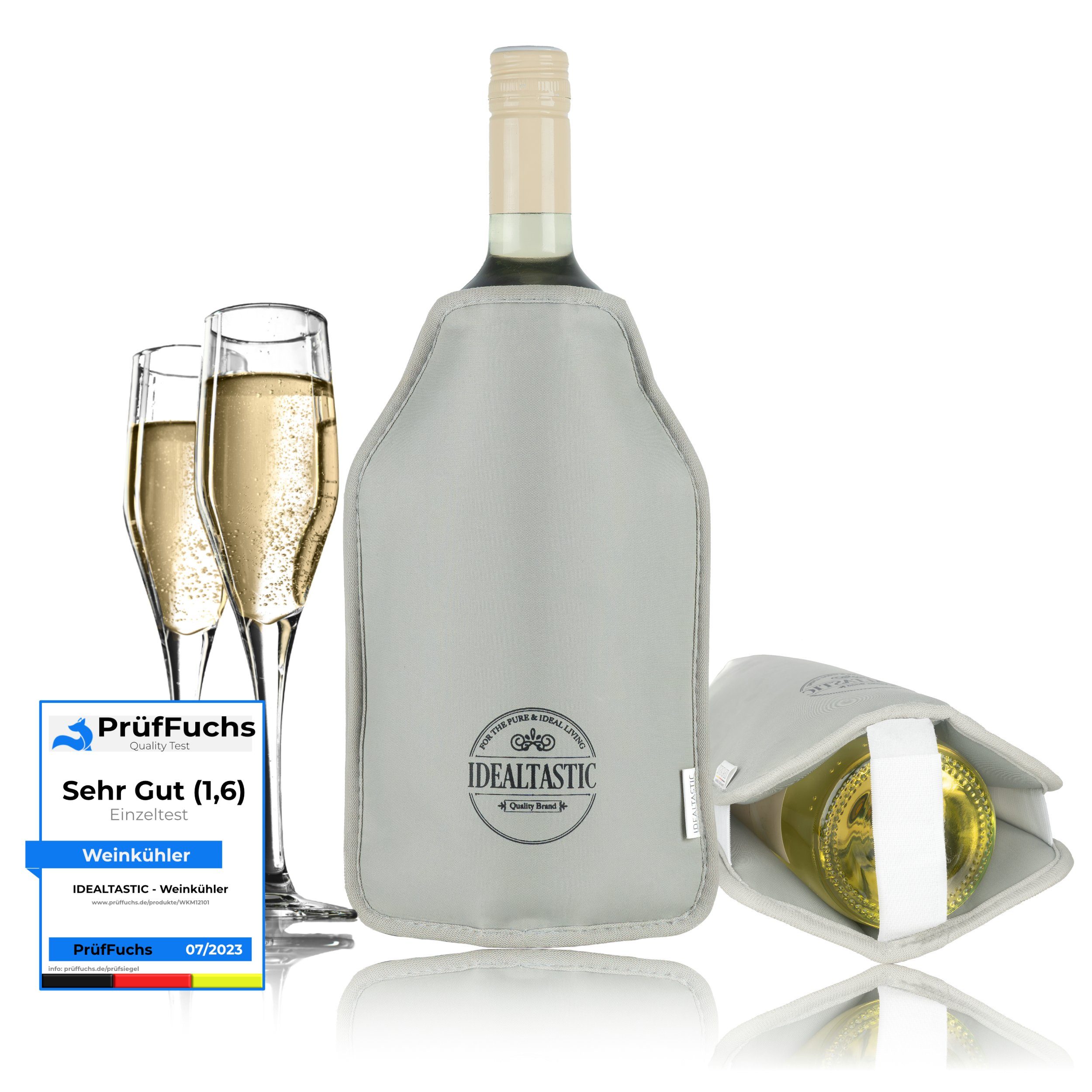 IDEALTASTIC Wein- und Sektkühler Flaschenkühler Manschette mit Soft Touch  Gel für kalten Trinkgenuss, Universelle Kühlmanschette für Flaschen jeder  Art