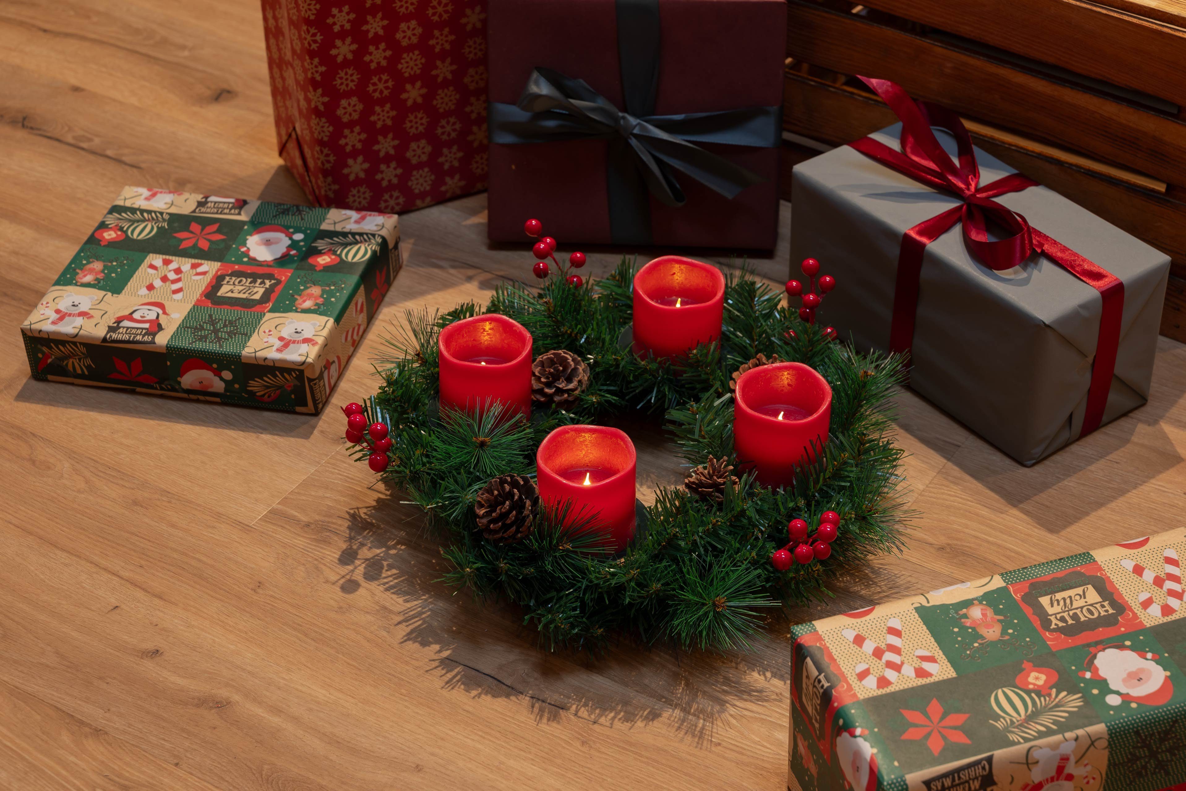 IC Winterworld Adventskranz Künstlicher Adventskranz Ø 45 cm mit 4 LED Kerzen aus Echtwachs, praktische Fernbedienung mit Timer und Lichtfunktionen, nadelfrei