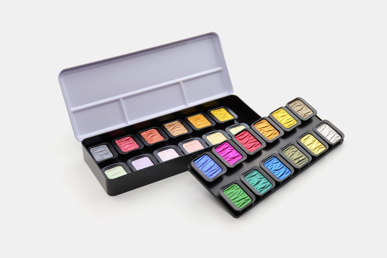 Talens Farbkasten Finetec Aquarellkasten Four Elements, 22 Perlglanz-Farben + 2 TwoTone-Farben