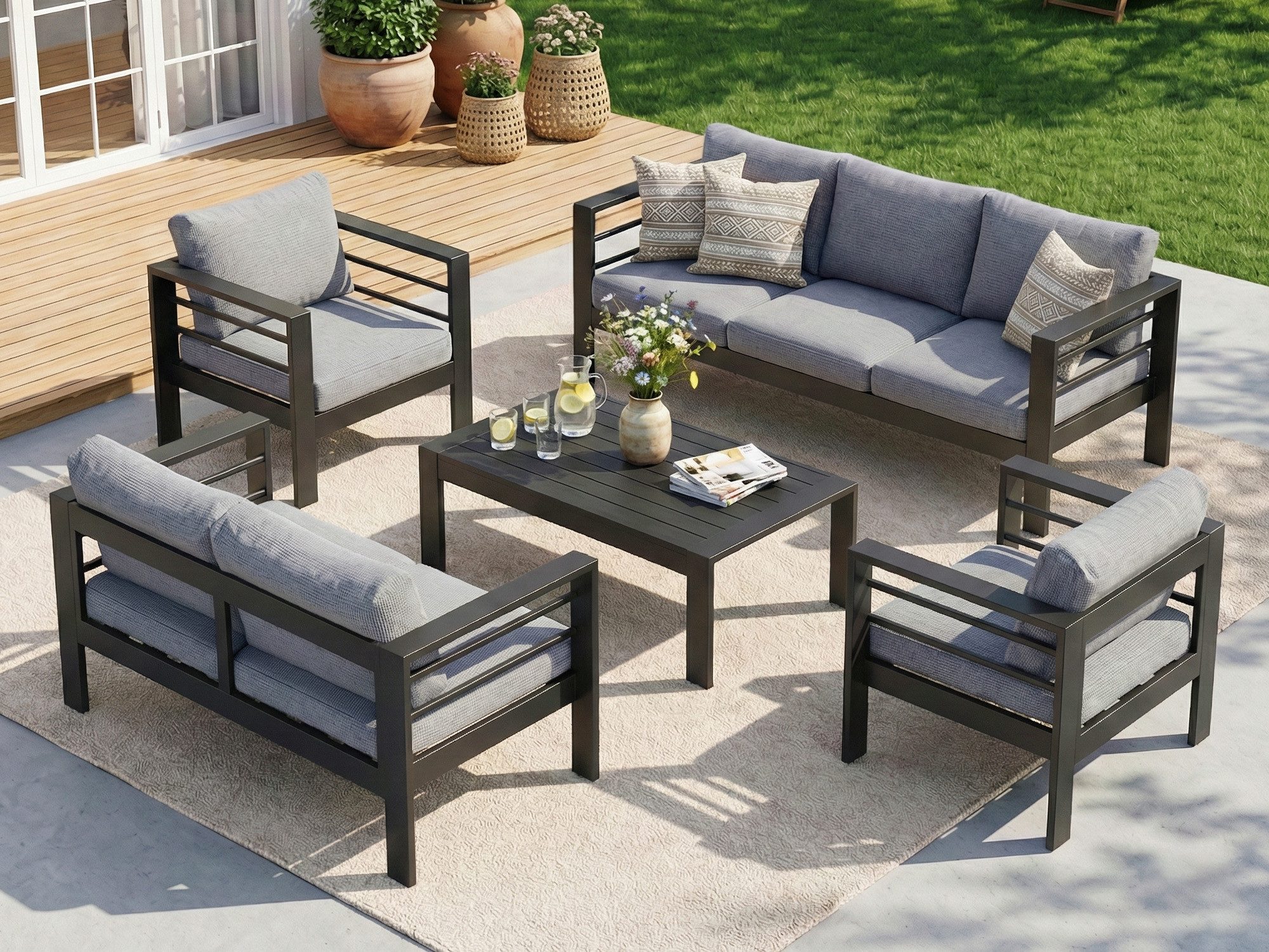 MeXo Gartenlounge-Set Gartenmöbel Set Aluminium 6-7 Personen Outdoor Wetterfest, (12cm Deluxe Relax-Sitzkissen, 5-tlg., Belastbarkeit pro Sitzplatz 140kg), Lounge Gartenmöbelset xxl, Tischplatte aus WPC
