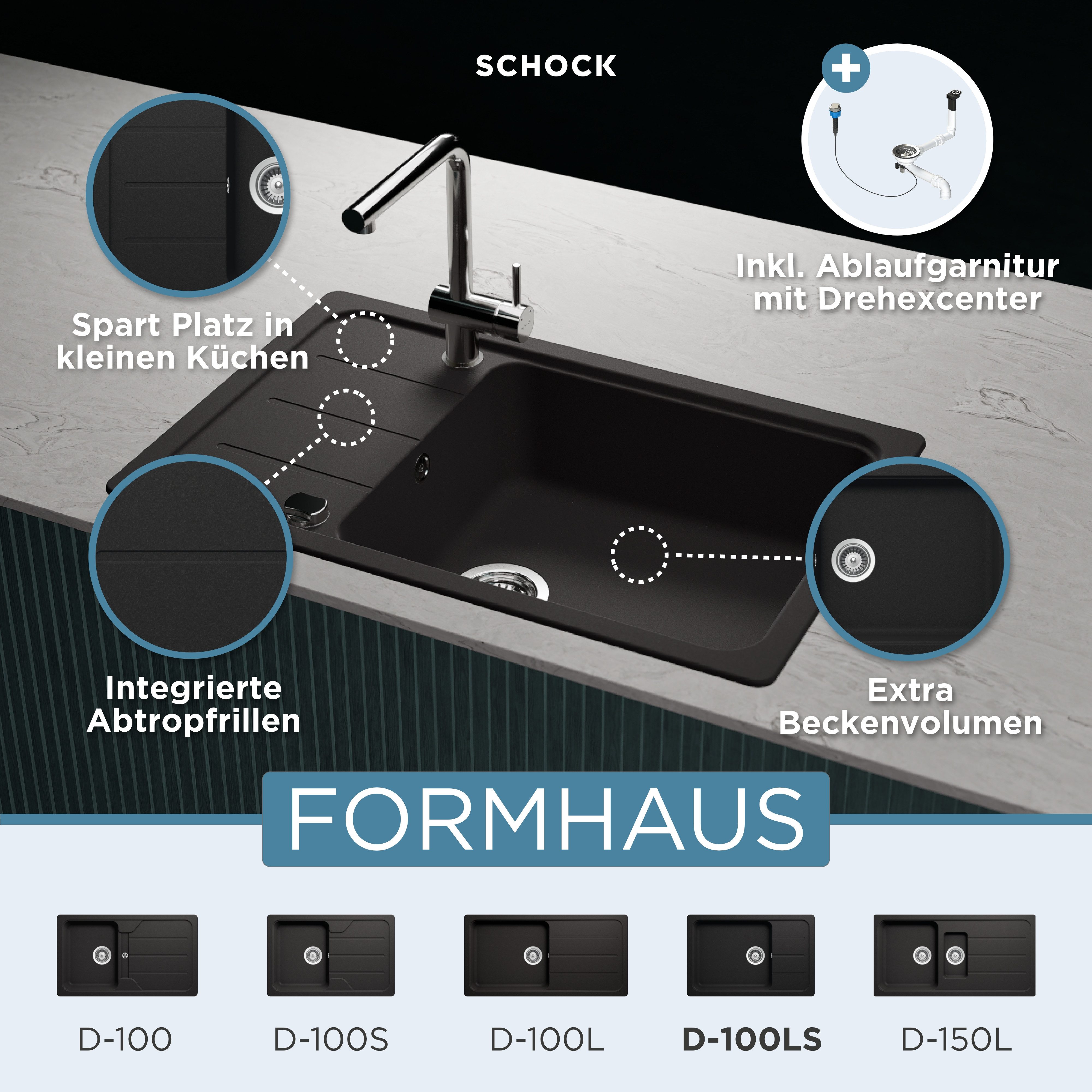 Schock Granitspüle Formhaus D-100LS, eckig, 78/50 cm, für kleine Küchen