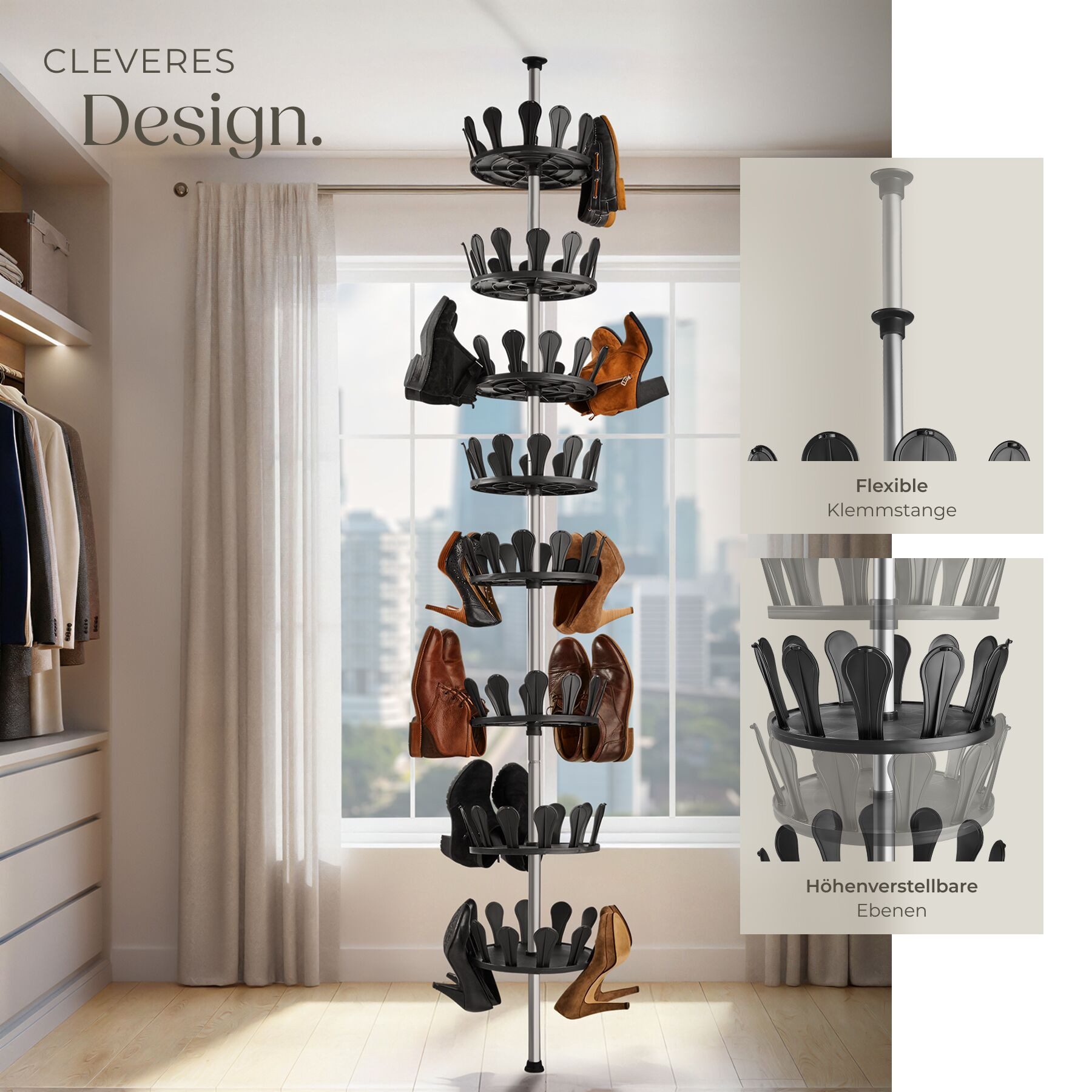 tectake Schuhregal Schuhaufbewahrung aus Kunststoff und Stahl, 26,5 x 100-300 cm, Schuhablage 1-tlg., 8 drehbare Ebenen für 96 Schuhe, variabler Aufbau im Stecksystem