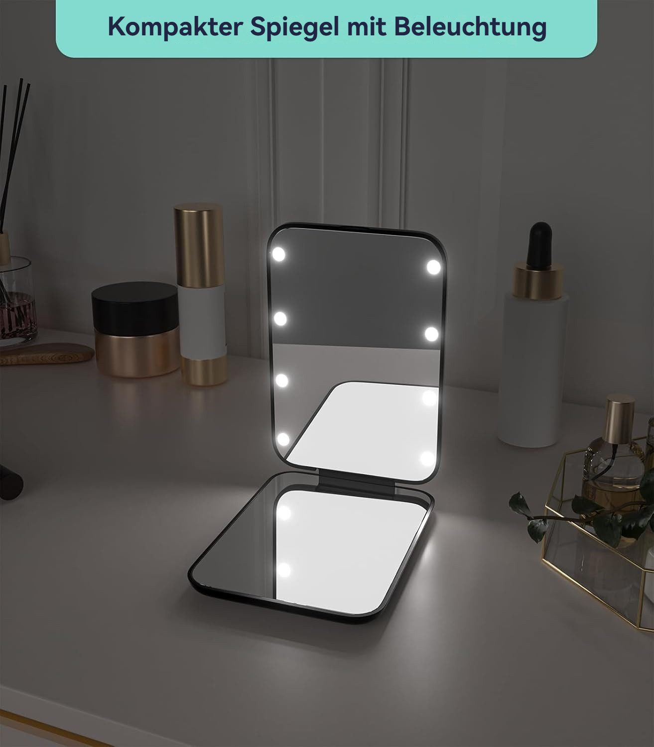 Tekoo Kosmetikspiegel LED Taschenspiegel Make-up Spiegel 2-fach Vergrößerung Kompakt Schwarz (Packung), Magnetverschluss, ultra-flaches Design, physischer Ein-/Ausschalter