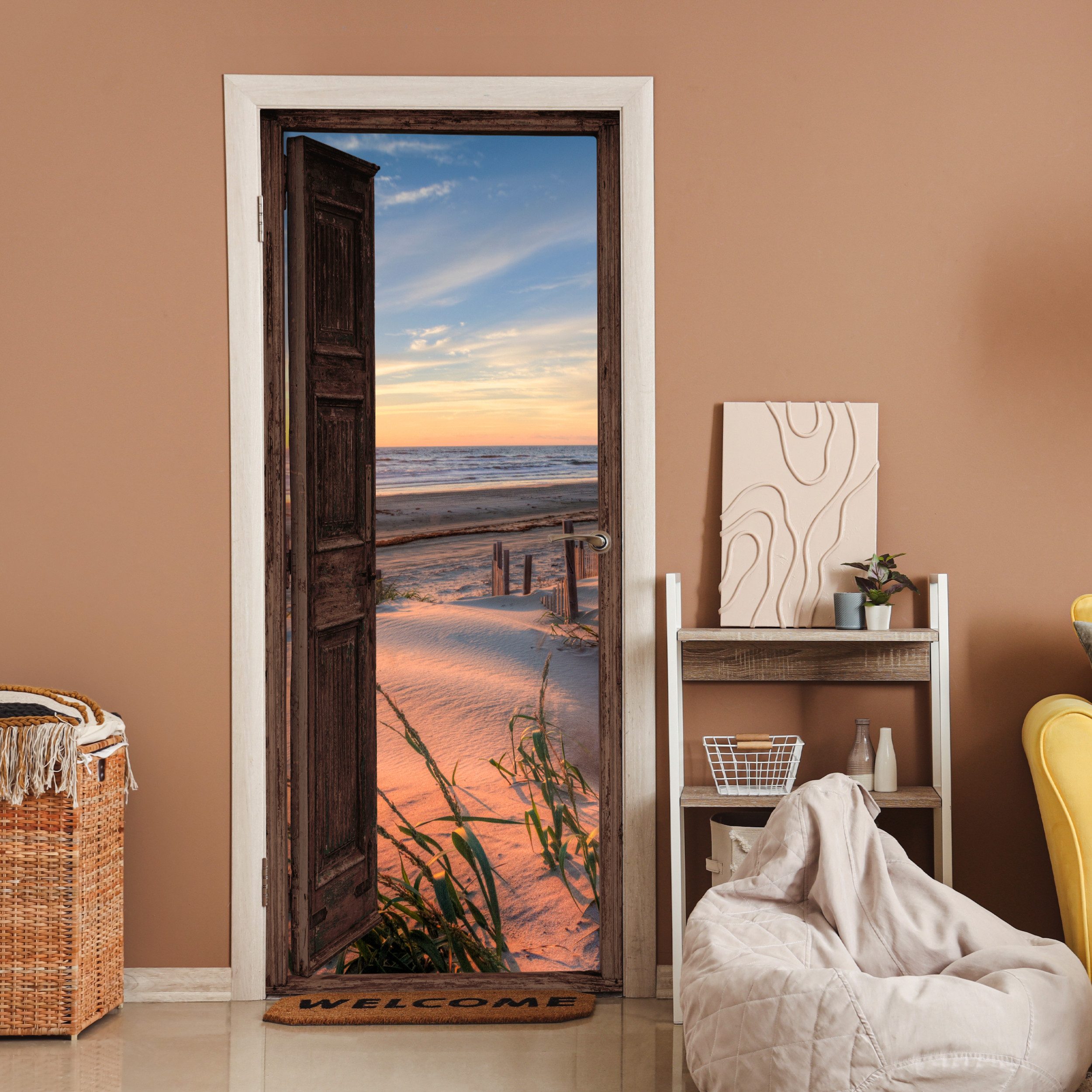 MuchoWow Türtapete Durchblick - Strand - Meer - Natur - Dünen, Matt, bedruckt, (1 St), Selbstklebende Tapete, Folie für Möbel, 70x215 cm