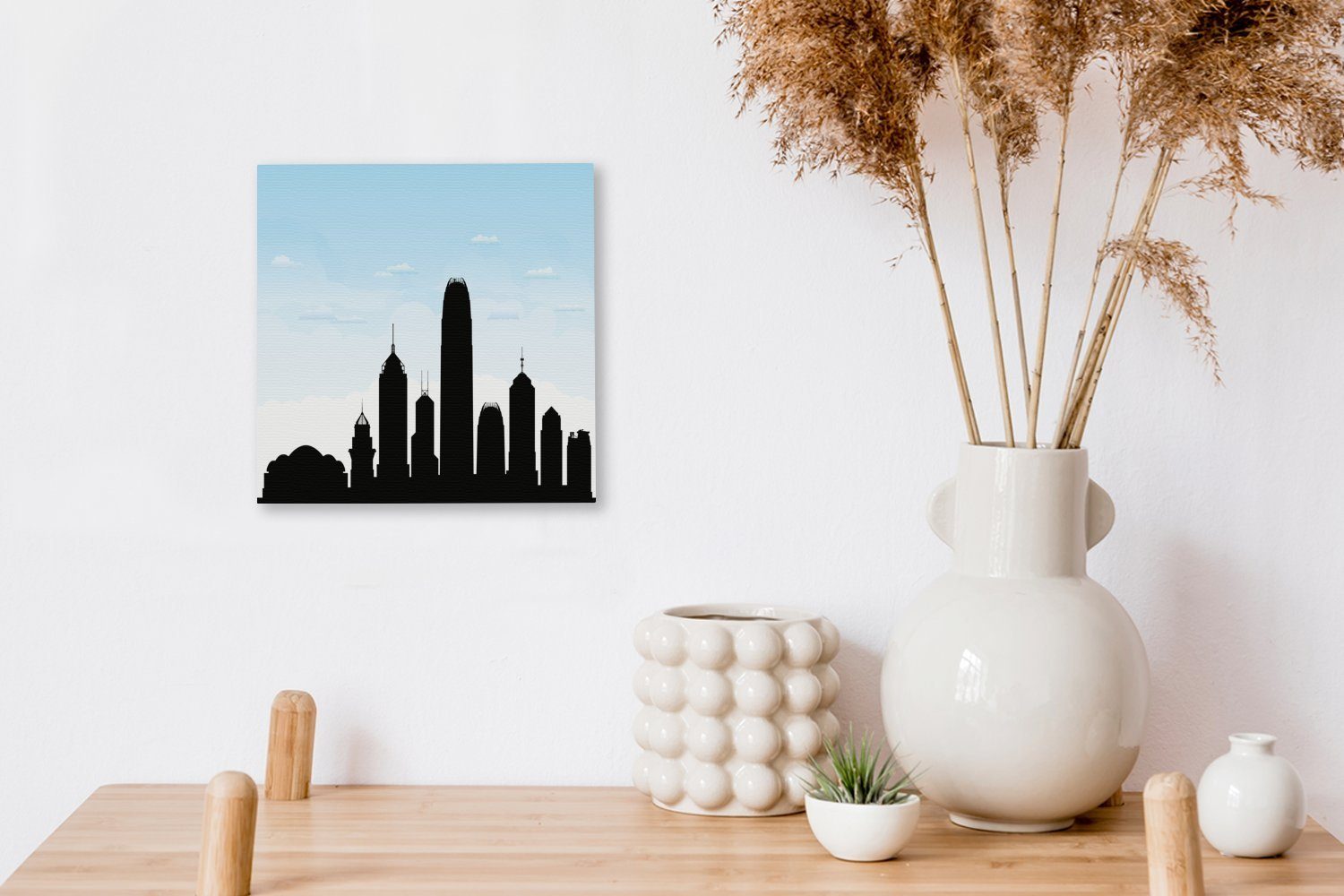Himmel, einem Leinwand Wohnzimmer Hongkong Illustration St), unter von Silhouette Bilder OneMillionCanvasses® der (1 für hellblauen Schlafzimmer Leinwandbild