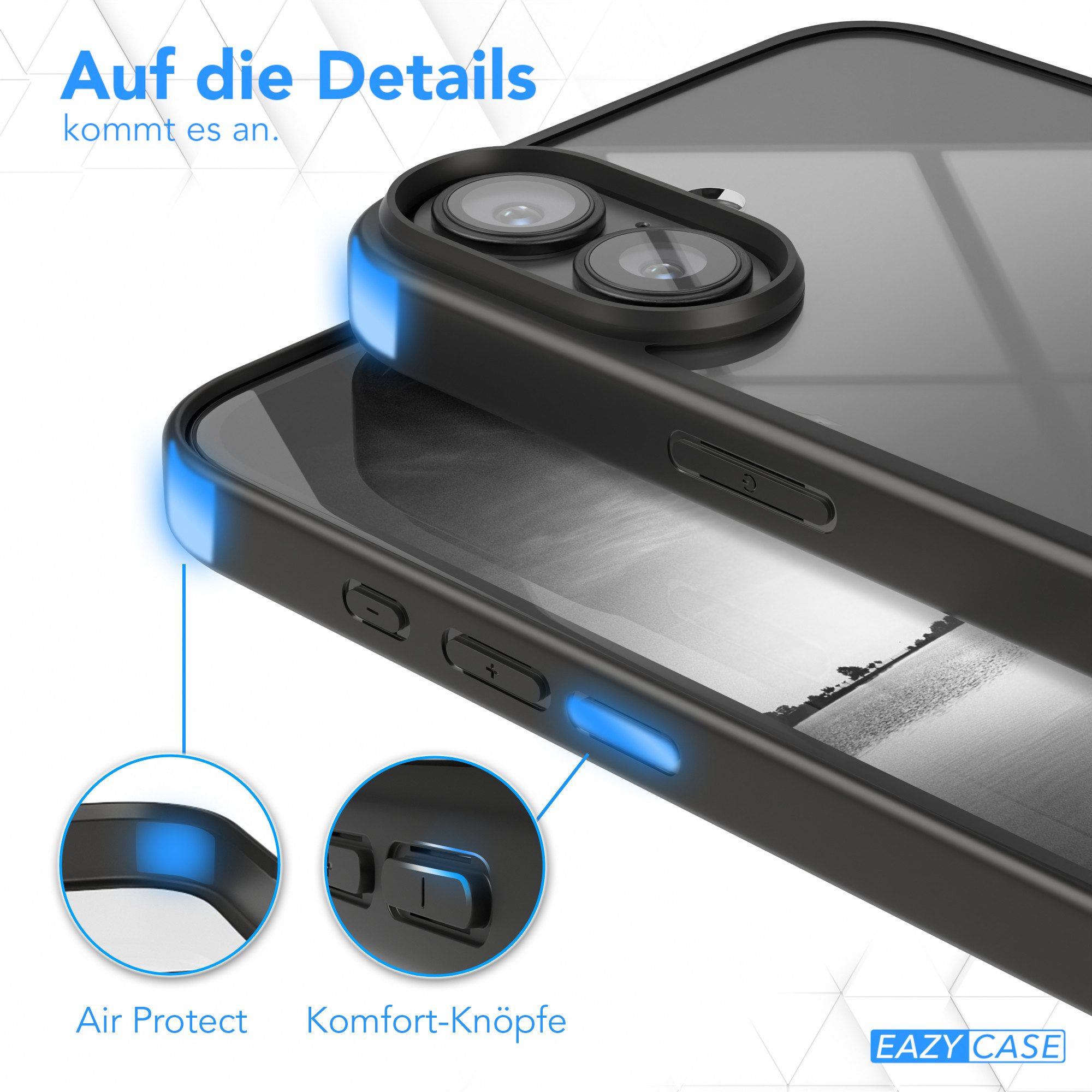 EAZY CASE Handyhülle Bumper Case für Apple iPhone 16 Plus 6,7 Zoll, Hülle Durchsichtig kratzfest Back Cover mit Displayschutz Schwarz – Bild 4 von 5