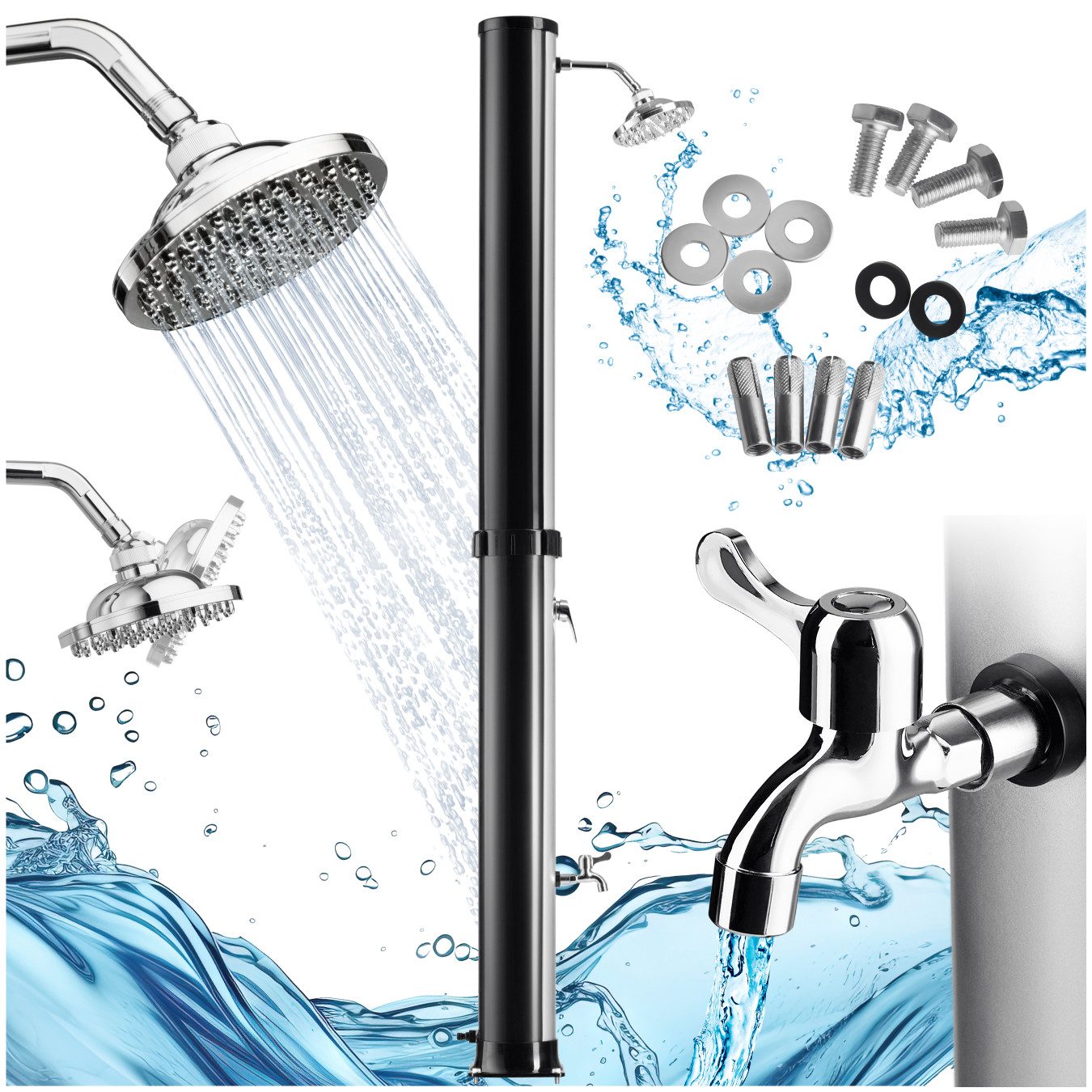 tectake Gartendusche Solardusche - wetterfeste Outdoor-Dusche (Freiluftdusche Orinoco, 1 St., in Schwarz/Silber), Großer 40-Liter-Wassertank