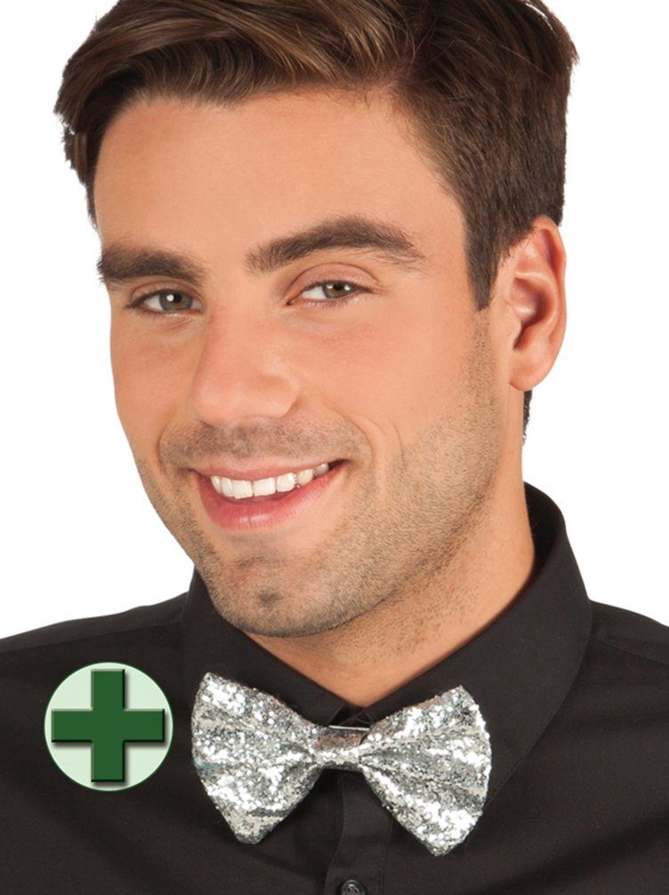 Karneval-Klamotten Kostüm Pailletten-Hut schwarz silber mit Fliege Herren, Pailletten Disco-Hut und Fliege ideal für Silvester Karneval Party's