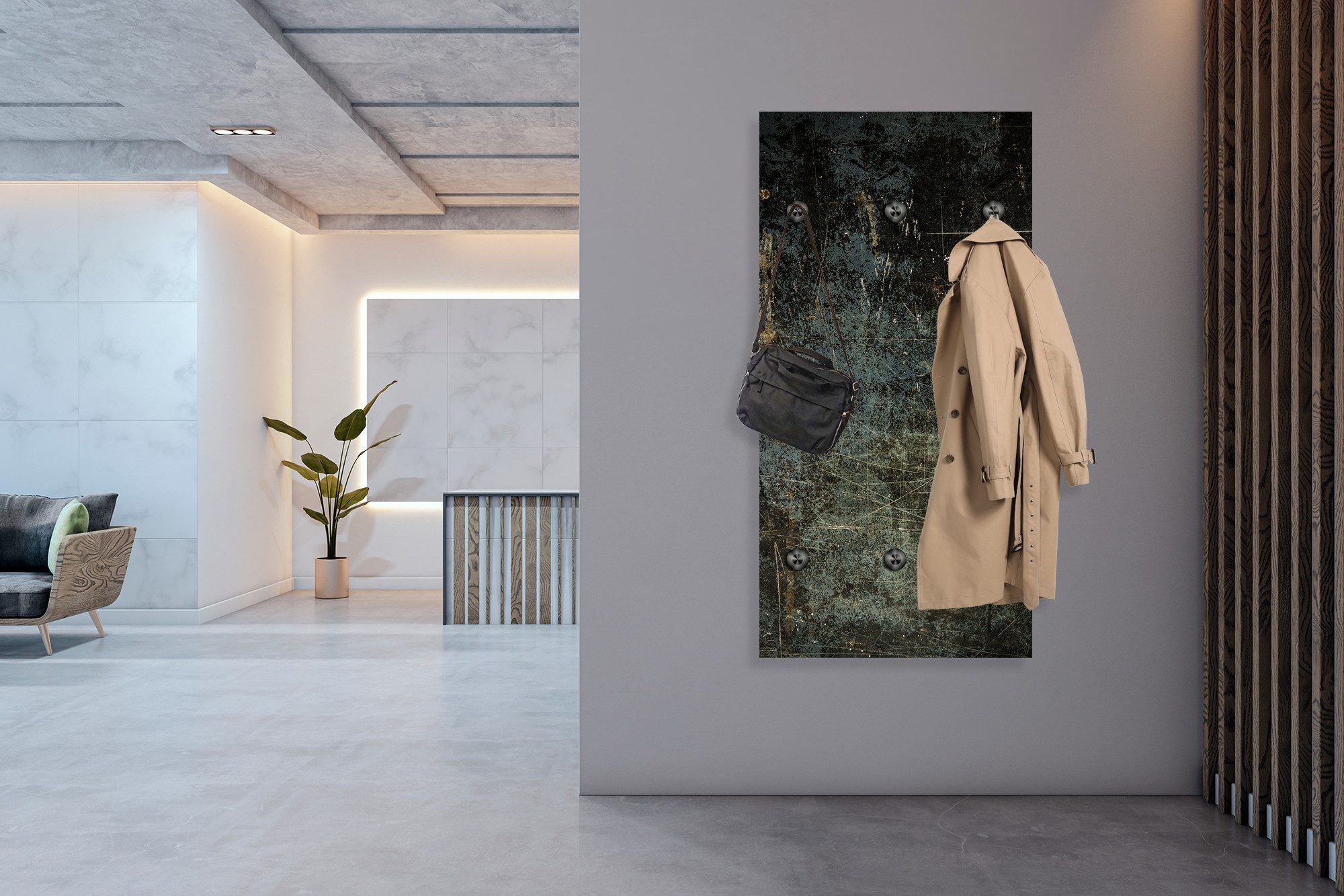 queence Wandgarderobe Beton Optik Abstrakt (1 St), Wandpaneel aus Acrylglas inkl. 6 Edelstahlhaken in schwarz matt