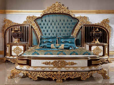 Casa Padrino Bett Schlafzimmer Set Blau / Weiß / Braun / Gold - 1 Doppelbett mit Kopfteil & 2 Nachtkommoden - Schlafzimmer Möbel im Barockstil - Edel & Prunkvoll
