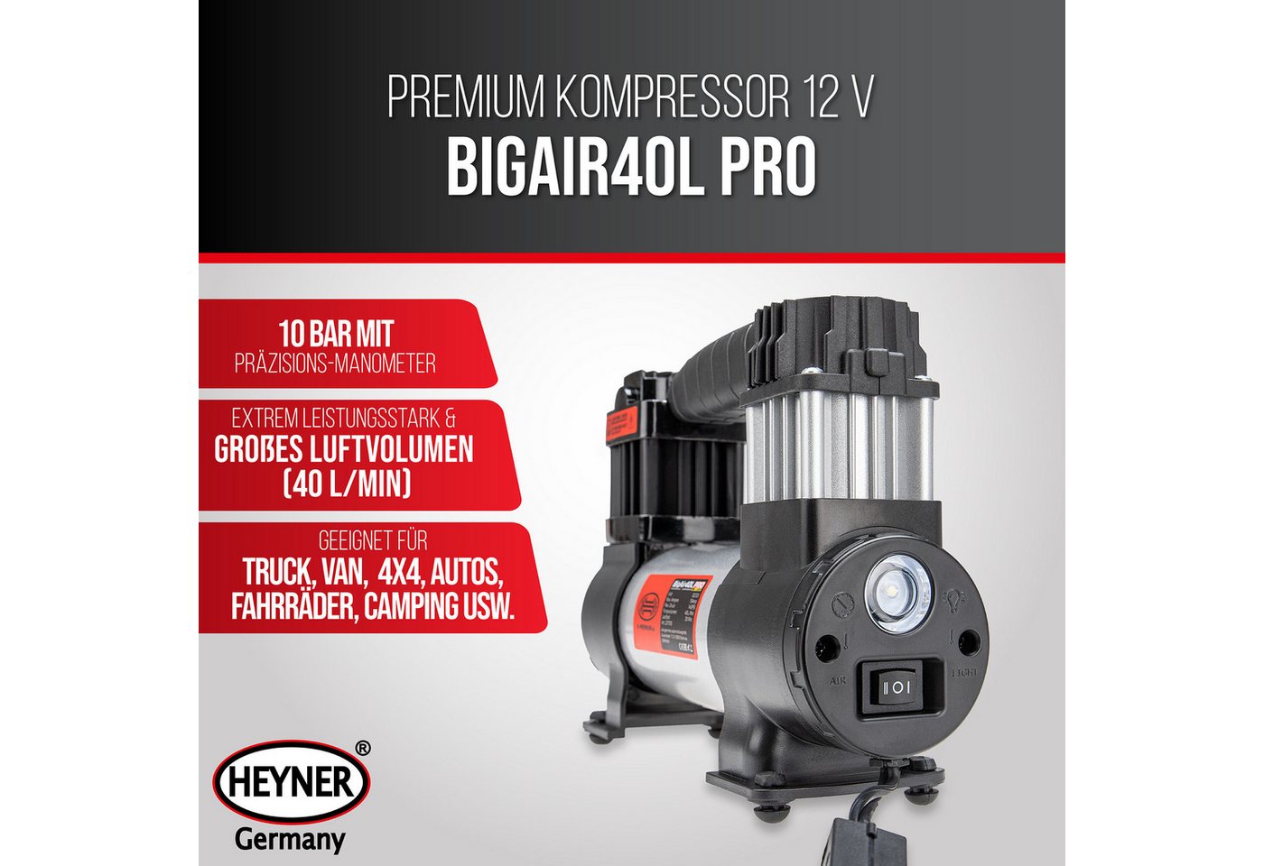 Thumbnail - HEYNER Kompressor Auto Kompressor elektr. Luftpumpe minikompressor 10bar 12V LED, 144 W, max. 10 bar, Set