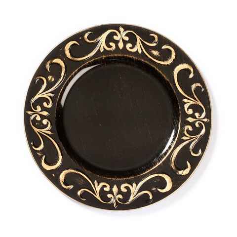 INGE-GLAS® Dekoteller, Dekoteller Kunststoff mit goldenen Ornamenten am Rand 33cm schwarz