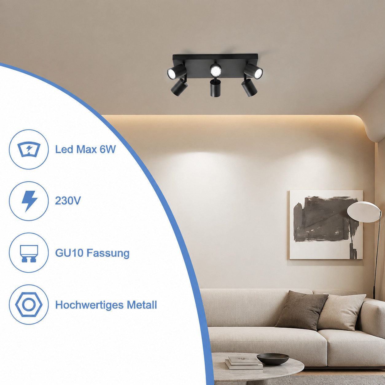 ZMH LED Deckenstrahler 6 Flammig Modern GU10 Spots 330° Schwenkbar Deckenspots Flur Küche, Hochwertige Matreial, Wandstrahler für Wohnzimmer Schlafzimmer – Bild 2 von 5