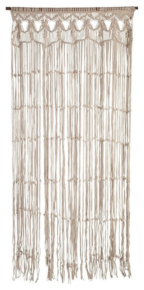 Türvorhang MACRAME, 90 x 200 cm, Creme, Baumwolle, Schlaufen, transparent,  mit Holzstab und Seil zur Befestigung