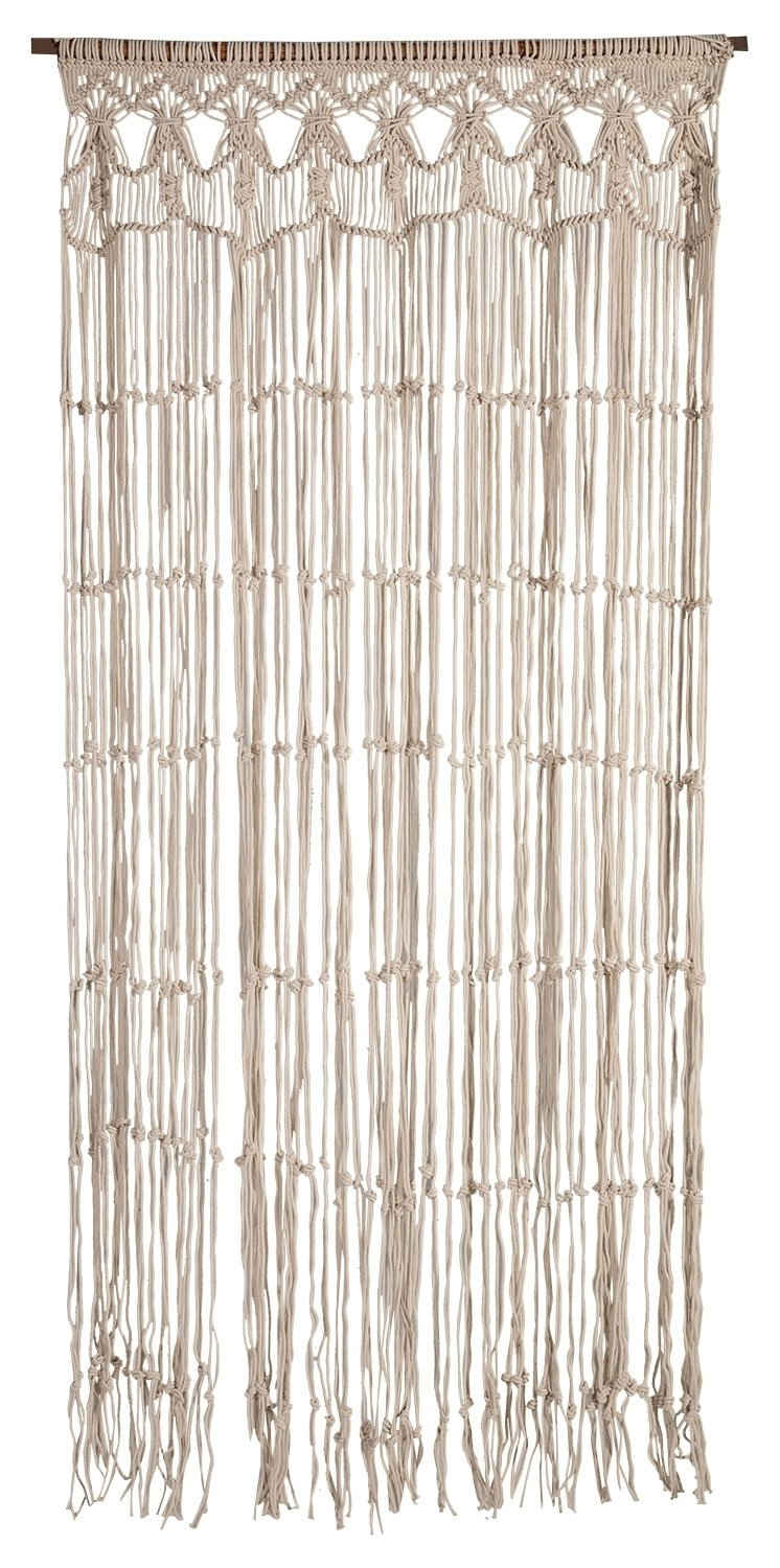 Türvorhang MACRAME, 90 x 200 cm, Creme, Baumwolle, Schlaufen, transparent, mit Holzstab und Seil zur Befestigung