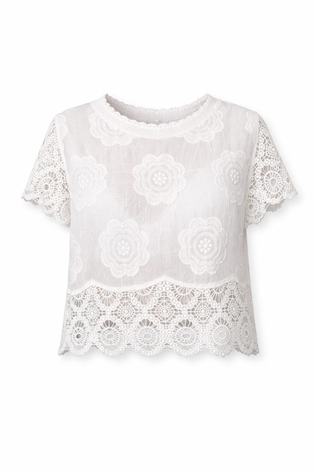 ITALY VIBES Spitzenbluse - Häkelbluse - weiße Bluse - Shirtbluse - Kurzarm - ITALY VIBES ONE SIZE - passend für Größen XS - L