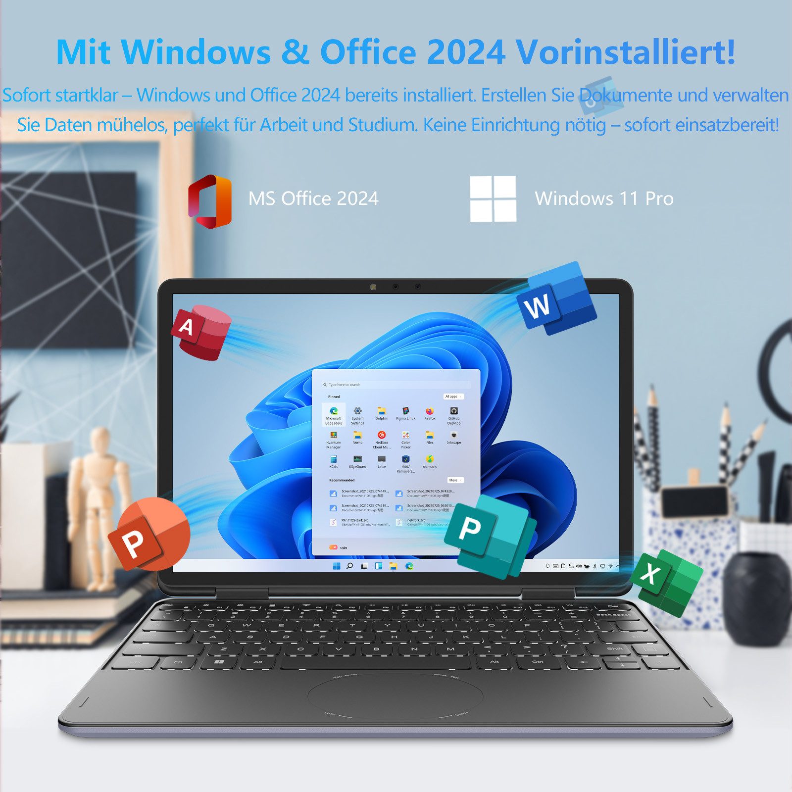 LONGEVINCE 2-in-1 Touchscreen Laptop 10,95", 16GB RAM Notebook (27,81 cm/10,95 Zoll, Intel, Intel Celeron N150, 16 GB, 960 GB SSD, 360° Flexibl, Windows 11 Pro + Office 2024)