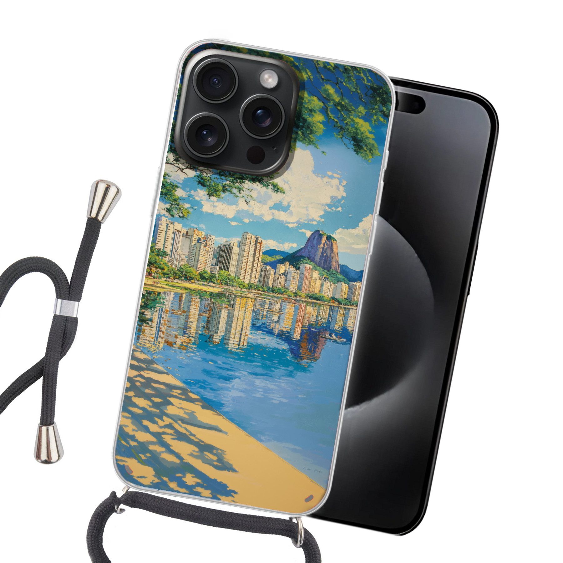MuchoWow Handyhülle für Apple iPhone 15 Pro Max Berg - Skyline - Strand - Wasser, Tragbare Handyhüllen mit Kette zum umhängen, Handykette Handyband