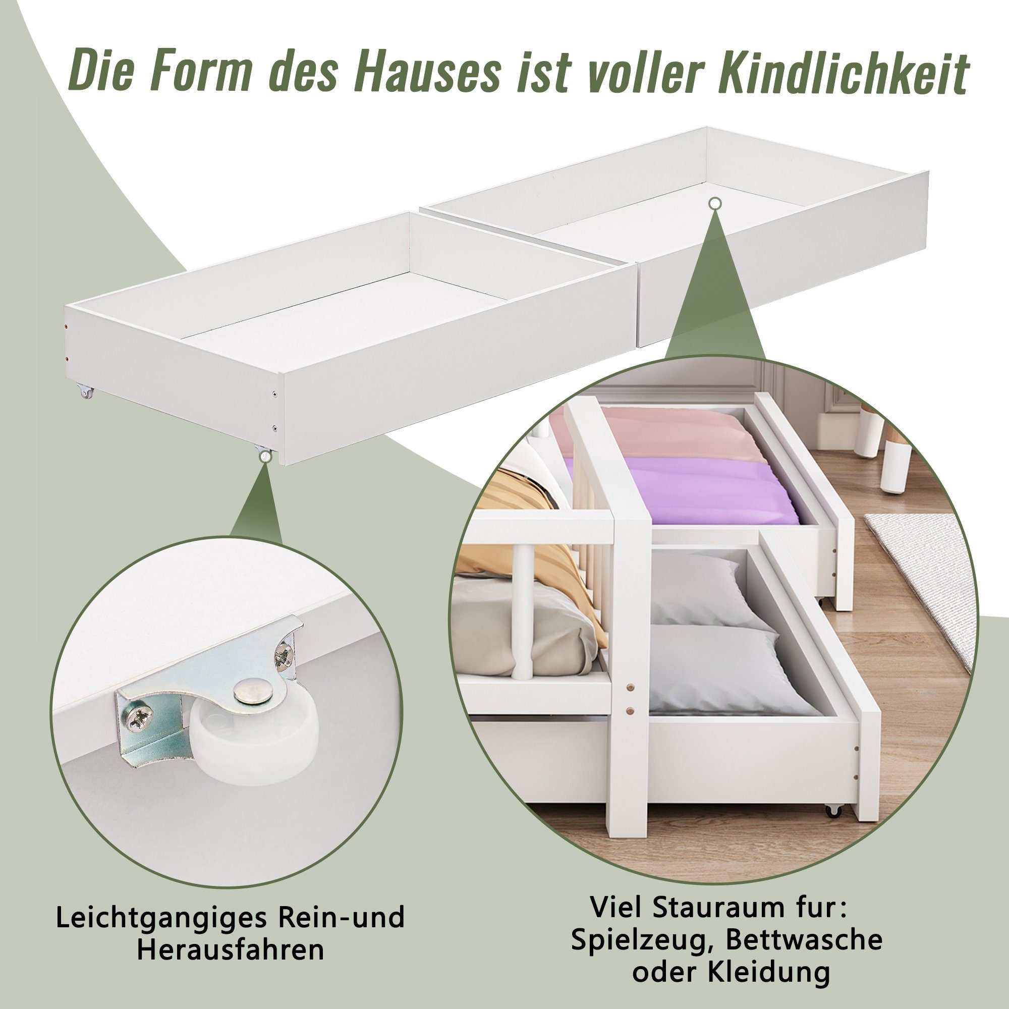 Kinderbett (Jugendbett Einzelbett 90x200cm), mit Schubladen und Lattenrost, Hausbett mit Bücherregal Rausfallschutz