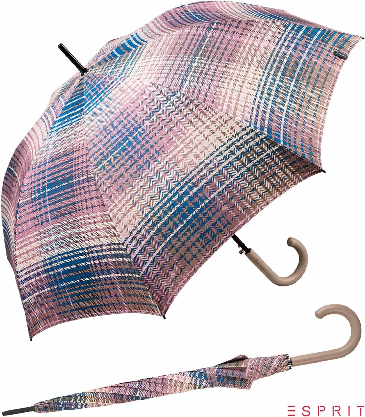Auch der Versand ist kostenlos! Esprit Langregenschirm Damen mit Auf-Automatik Checks - in bunter dusky stabil, groß, rosa-bunt Karo-Optik Cosy - orchid