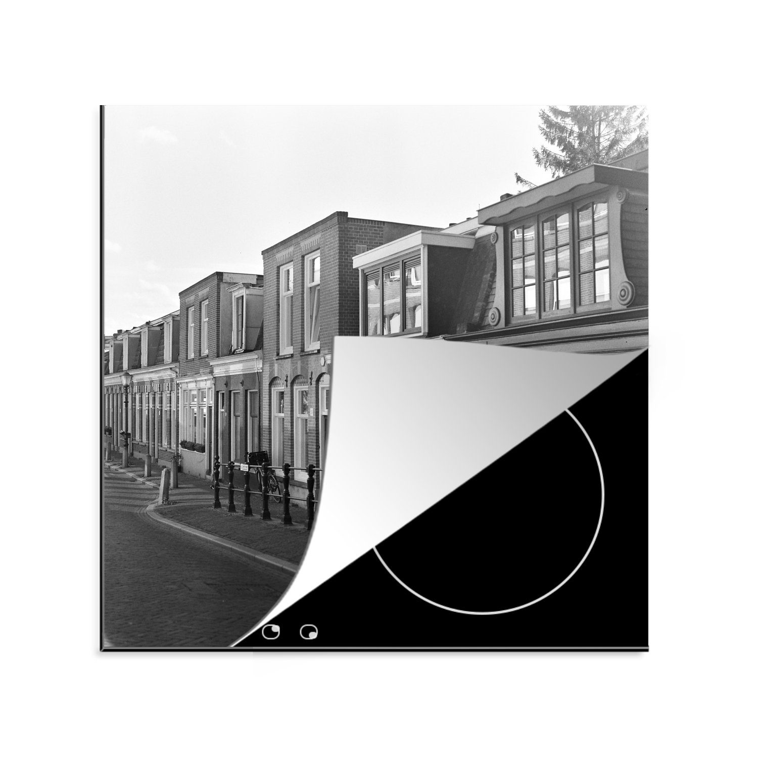 MuchoWow Herdblende-/Abdeckplatte Stadthäuser in Amsterdam - Schwarz und Weiß, Vinyl, (1 tlg), 78x78 cm, Ceranfeldabdeckung, Arbeitsplatte für küche