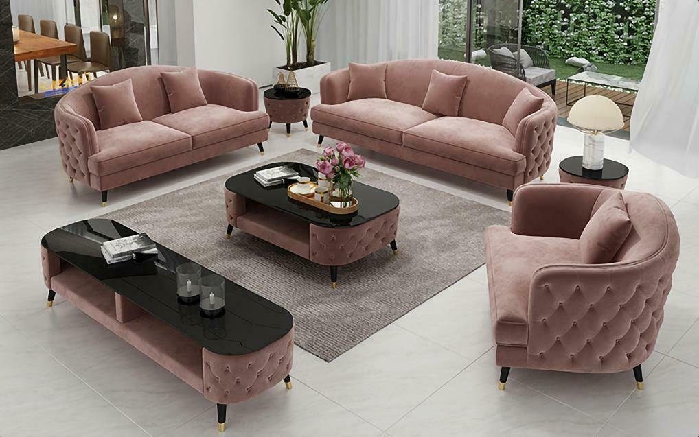 JVmoebel Sofa Moderne Graue Chesterfield Sofagarnitur Set 3+2+1 3tlg. Neu, Made in Europe Rosa